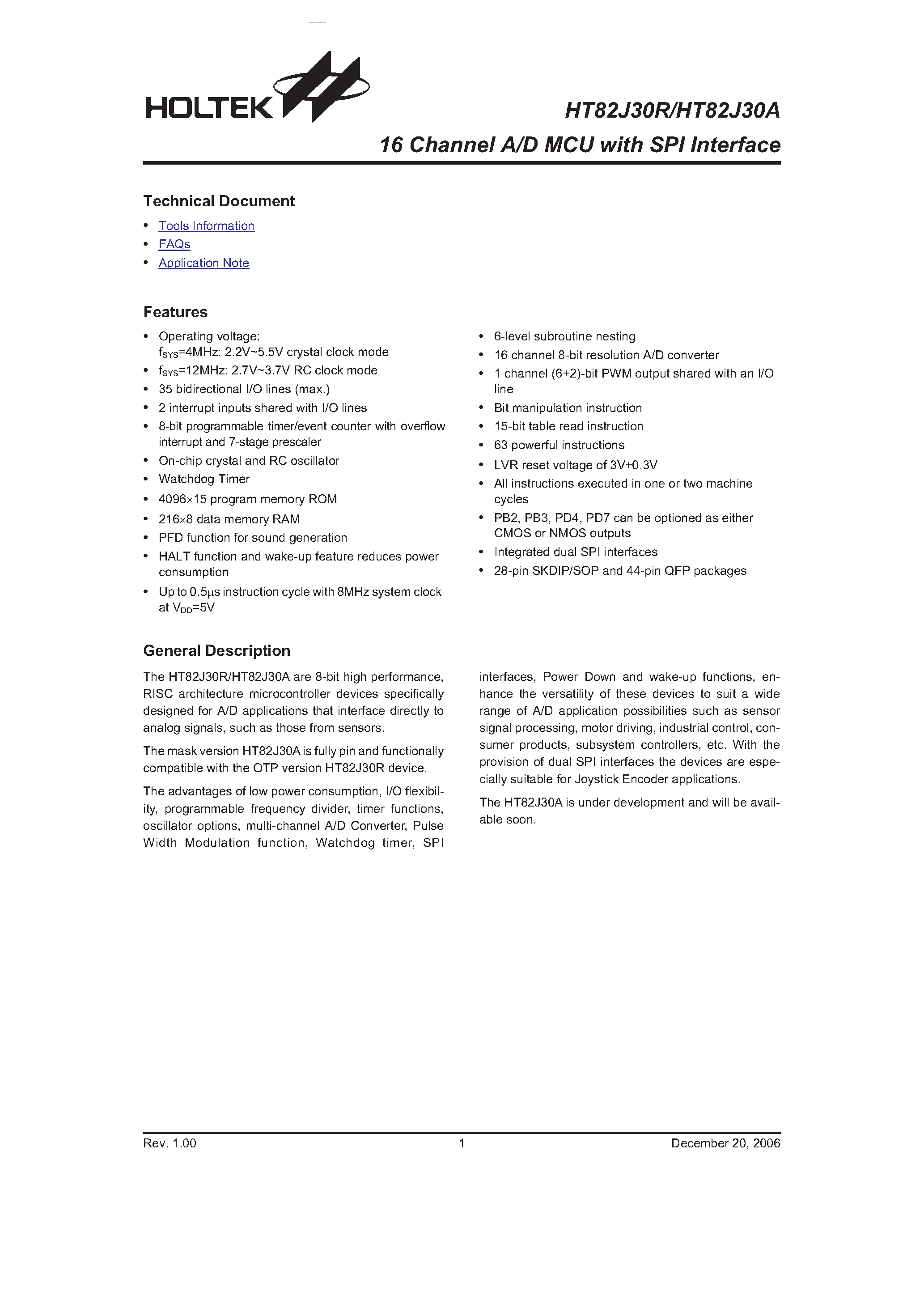 Даташит на микросхему HT82J30A страница 1 Даташит HT82J30A - 16-Channel A/D MCU страница 1