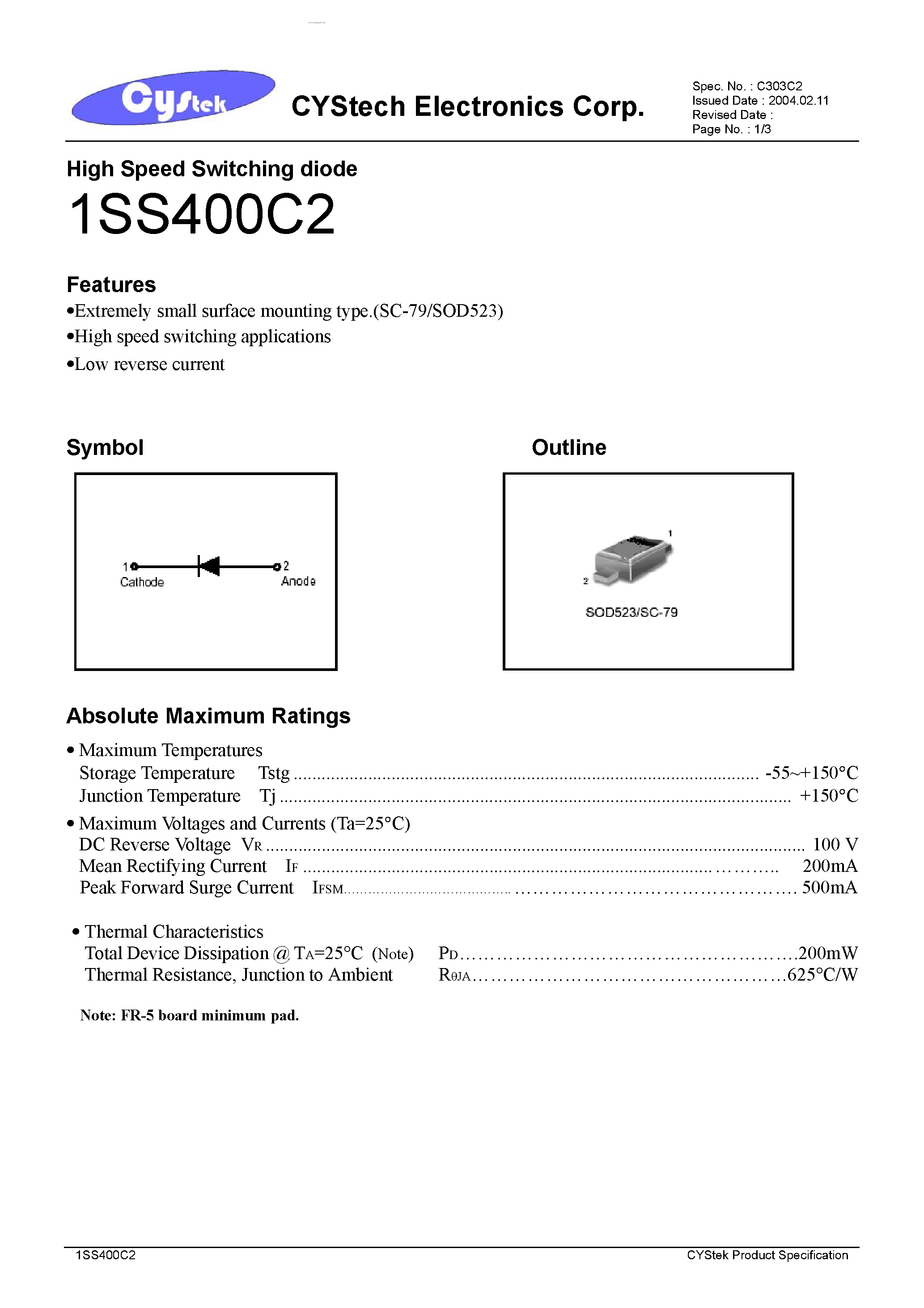 Datasheet 1SS400C2 - High Speed Switching diode page 1