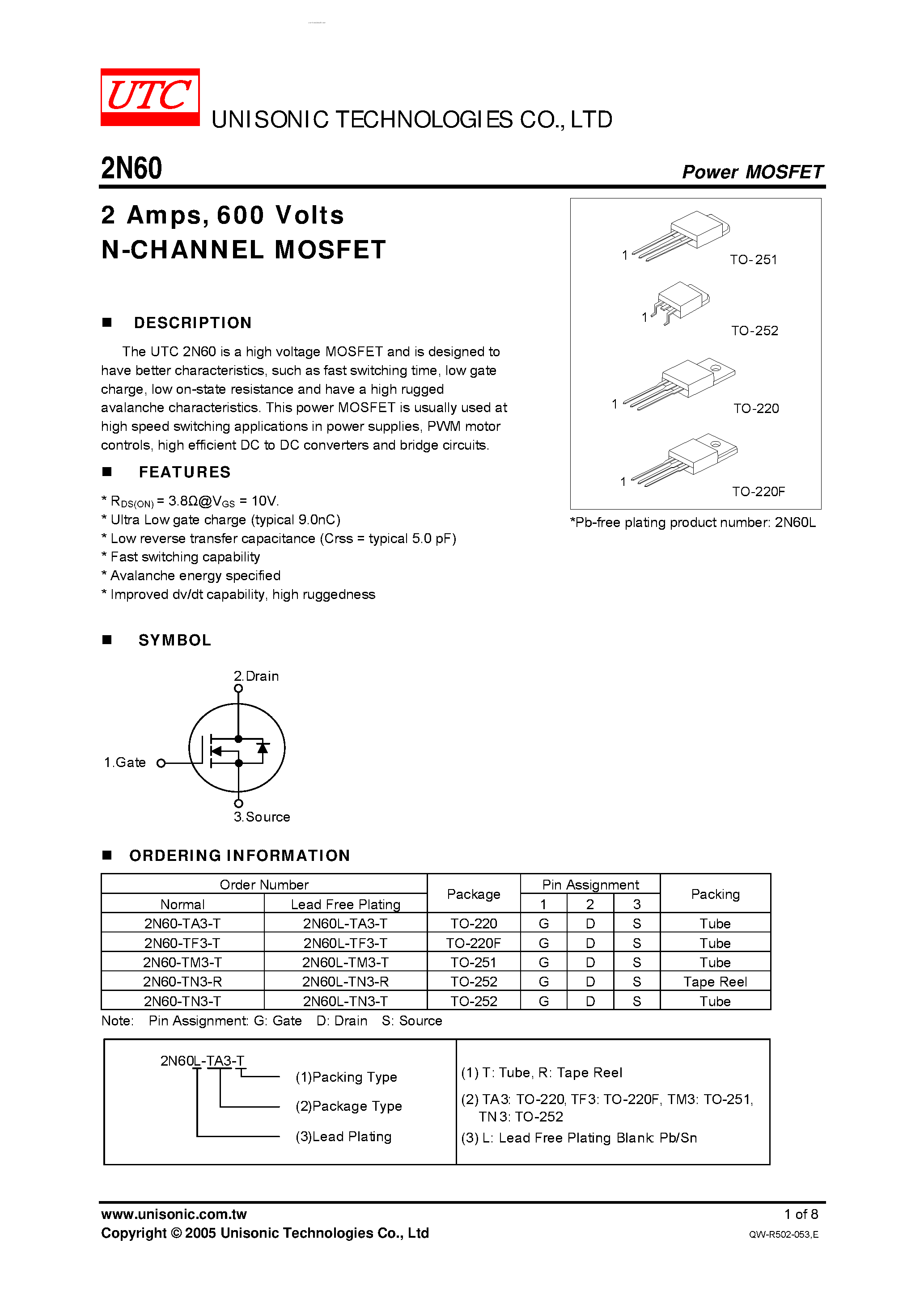 Даташит 2N60 - N-CHANNEL MOSFET страница 1