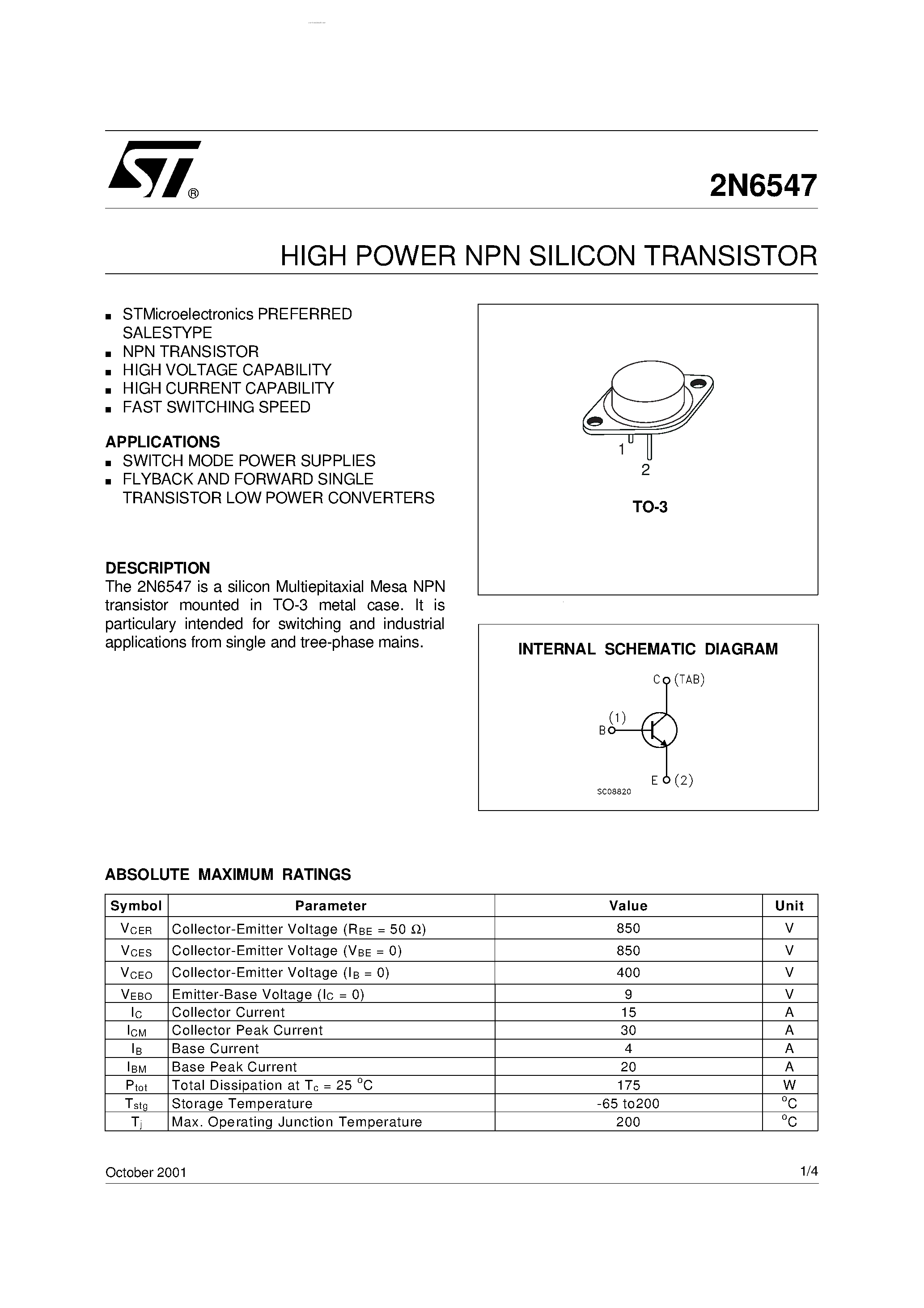 Datasheet 2N6547 - HIGH POWER NPN SILICON TRANSISTOR page 1