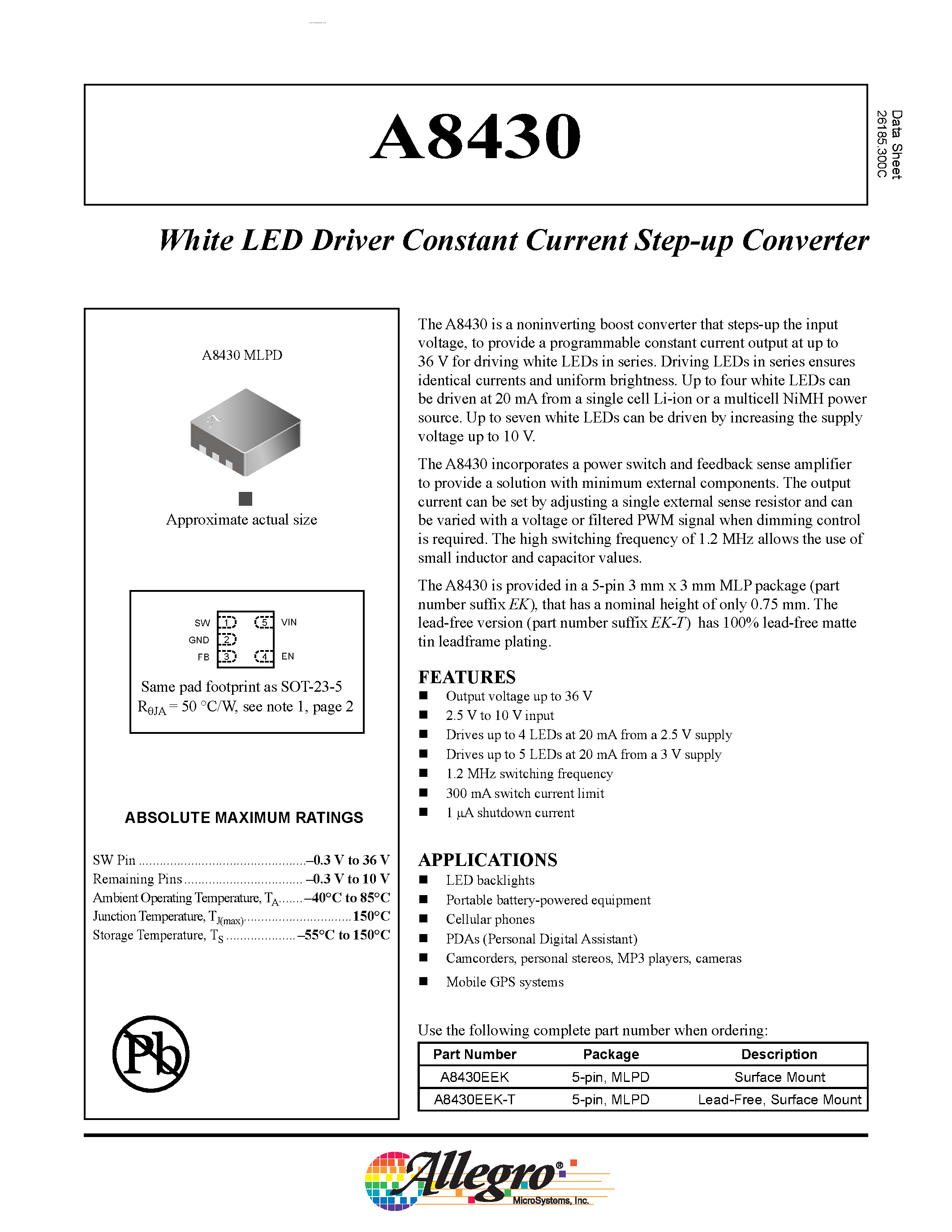 Даташит на микросхему A8430 страница 1 Даташит A8430 - White LED Driver Constant Current Step-up Converter страница 1