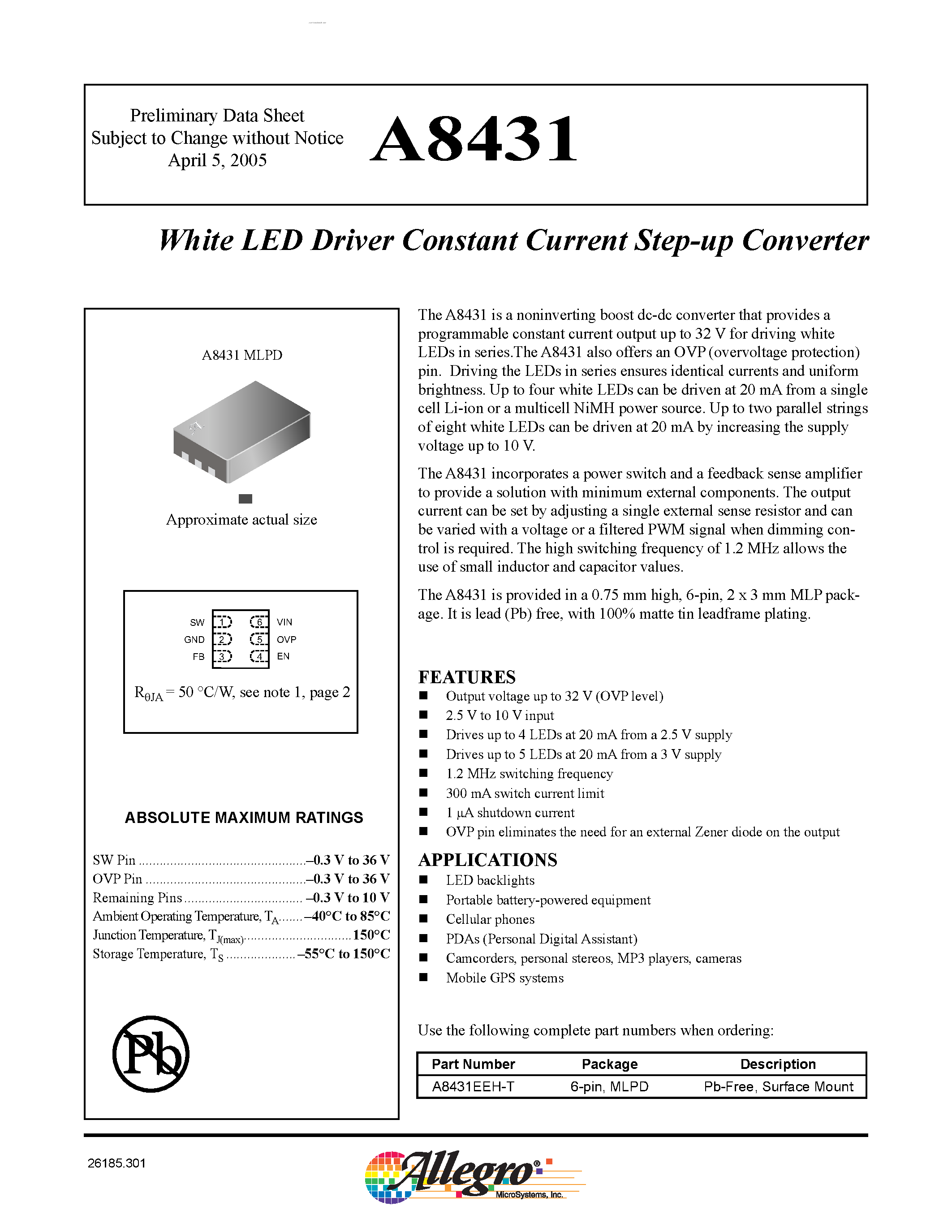 Даташит на микросхему A8431 страница 1 Даташит A8431 - White LED Driver Constant Current Step-up Converter страница 1