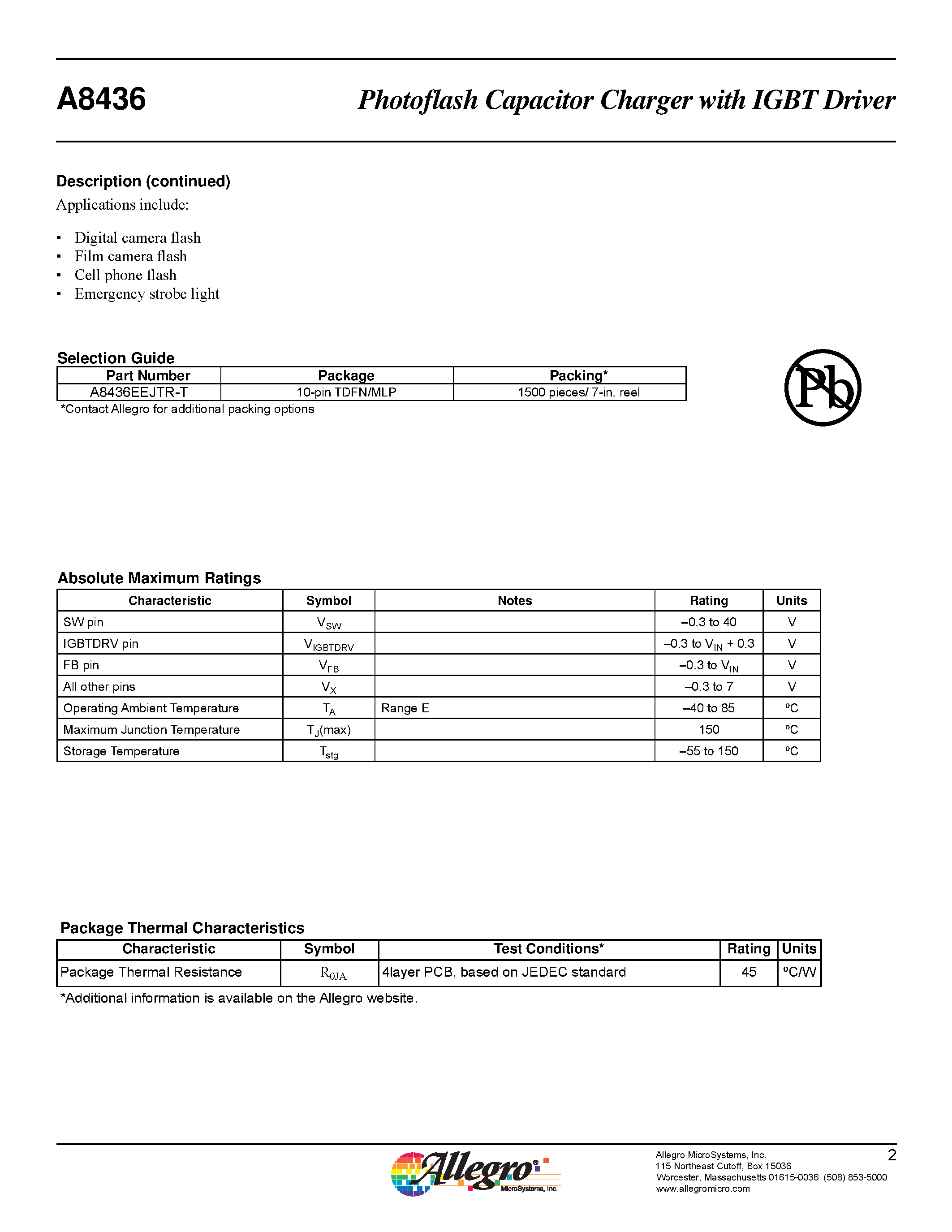 Datasheet A8436 - Photoflash Capacitor Charger page 2