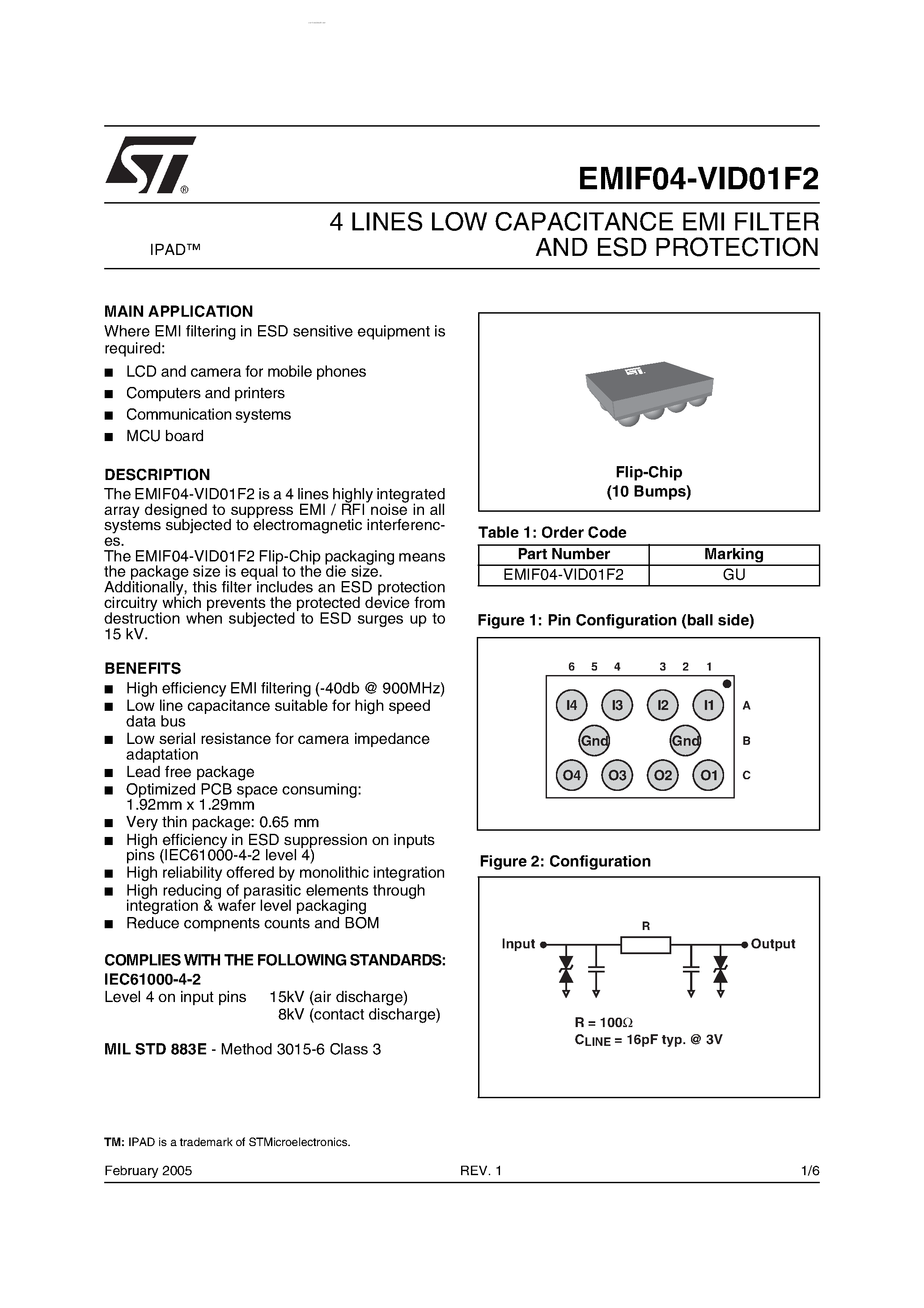 Даташит на микросхему EMIF04-VID01F2 страница 1 Даташит EMIF04-VID01F2 - 4 LINES LOW CAPACITANCE EMI FILTER AND ESD PROTECTION страница 1