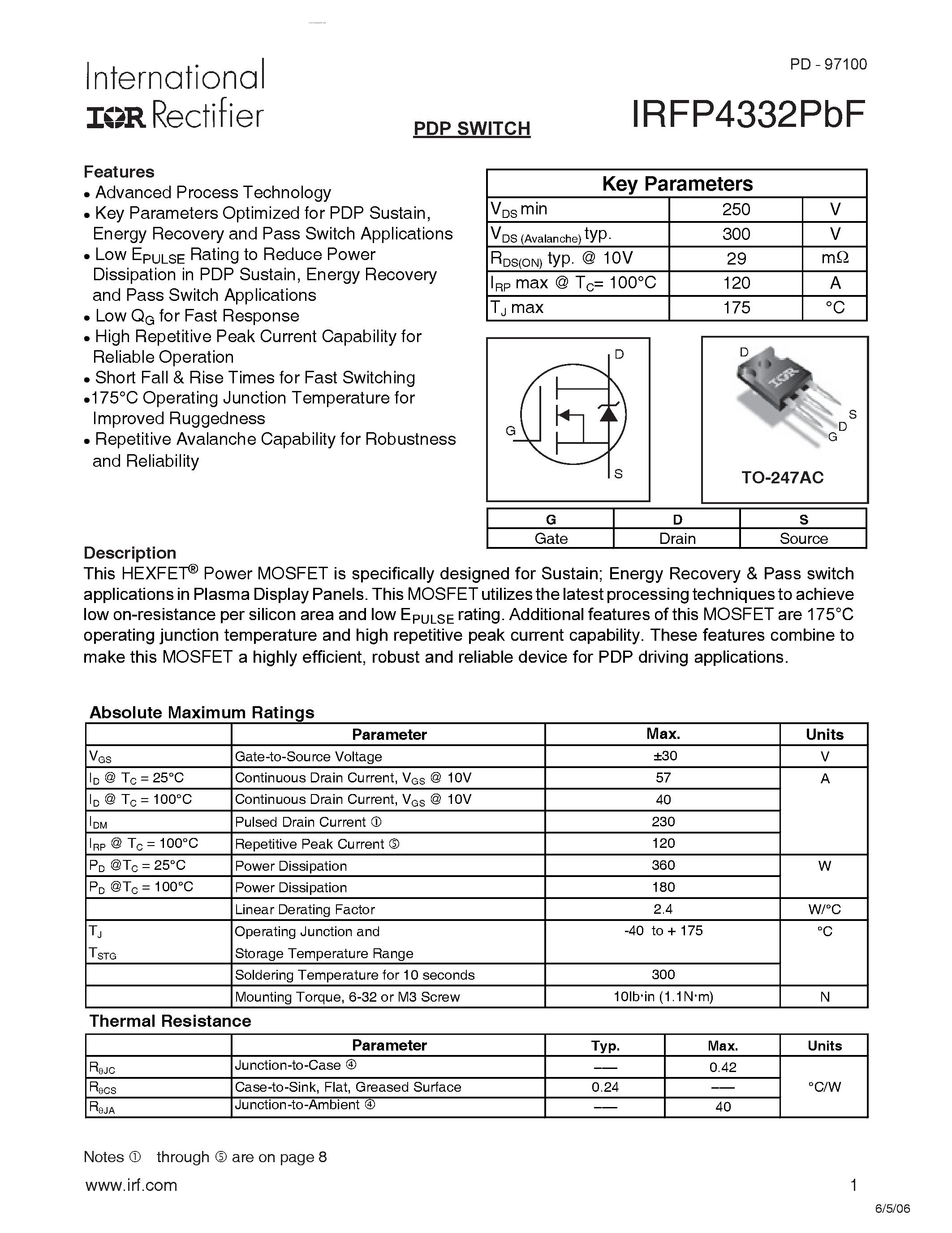 Datasheet IRFP4332PBF page 1 Datasheet IRFP4332PBF - PDP SWITCH page 1