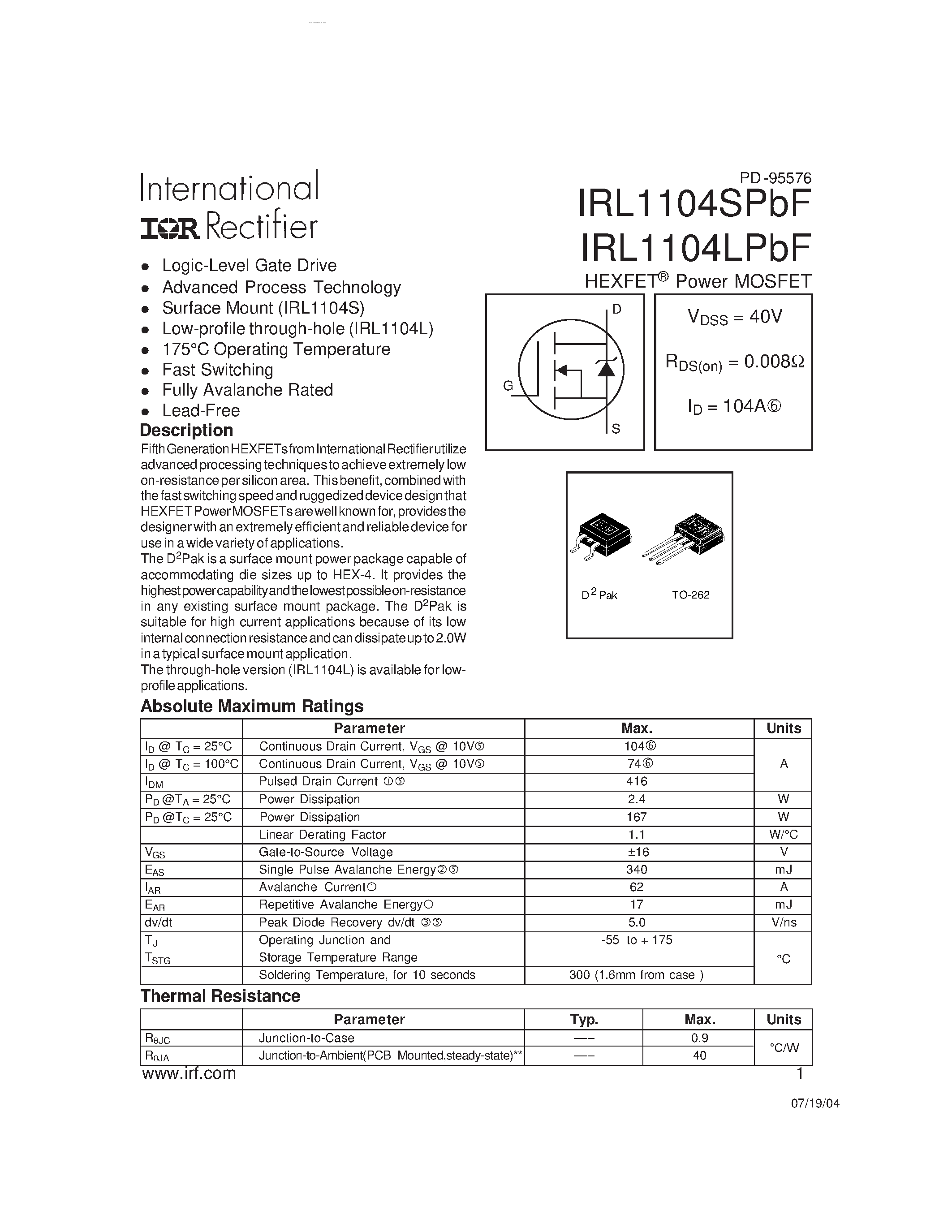 Даташит на микросхему IRL1104LPBF страница 1 Даташит IRL1104LPBF - HEXFET Power MOSFET страница 1