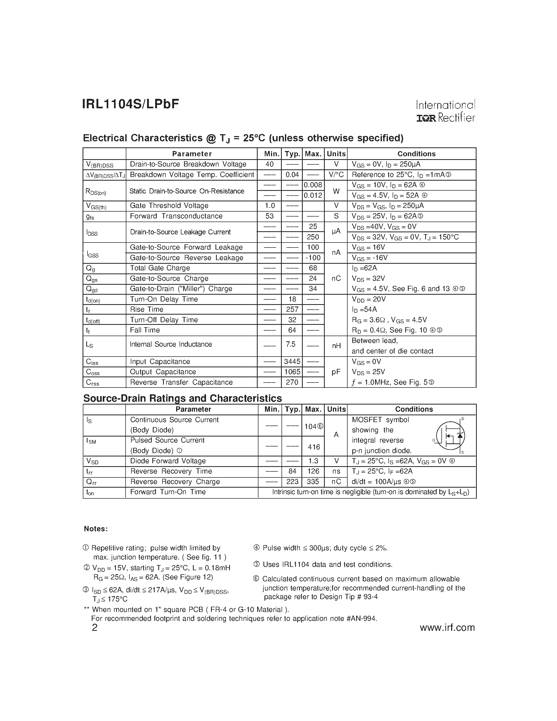 Даташит IRL1104LPBF-HEXFET Power MOSFET страница 2