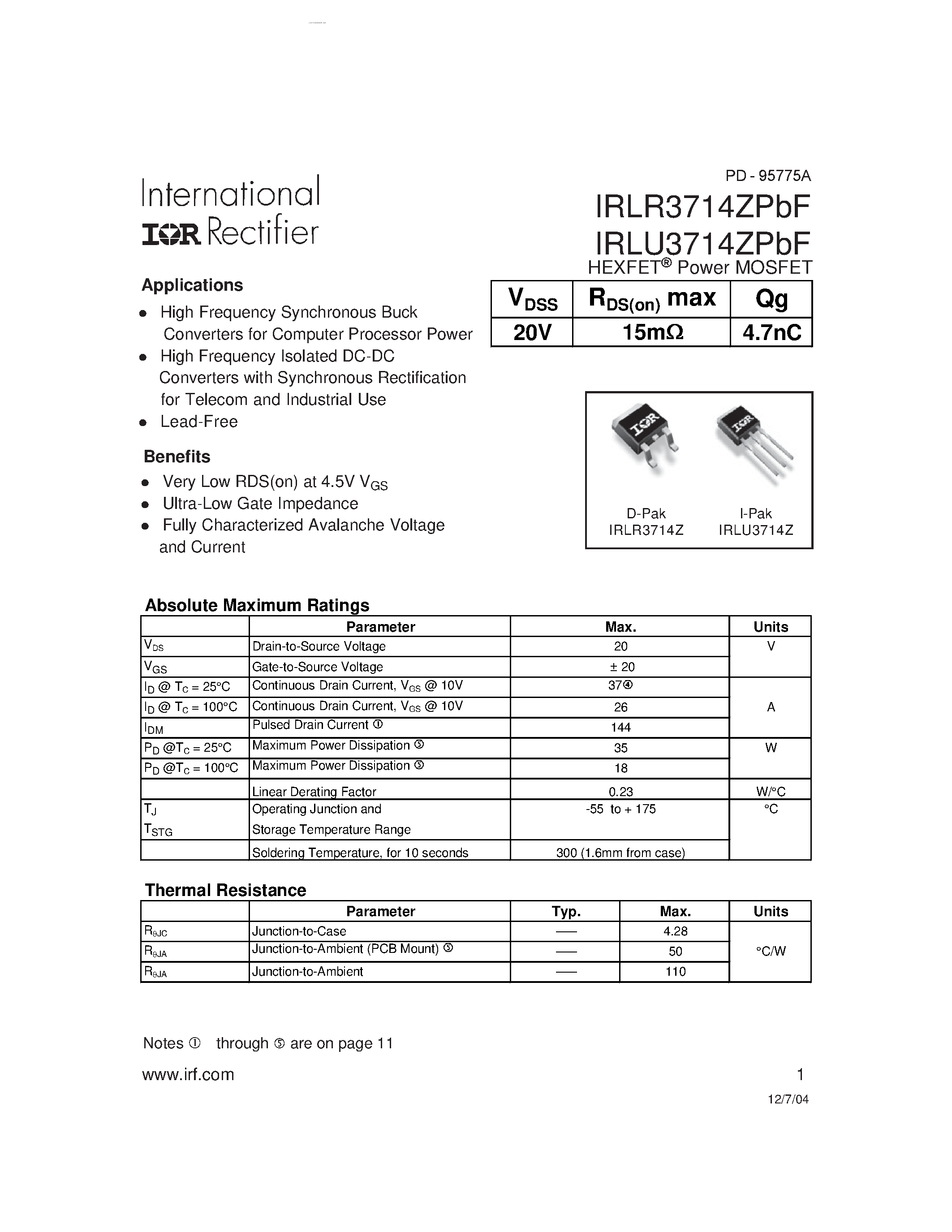Даташит IRLR3714ZPBF - HEXFET Power MOSFET страница 1