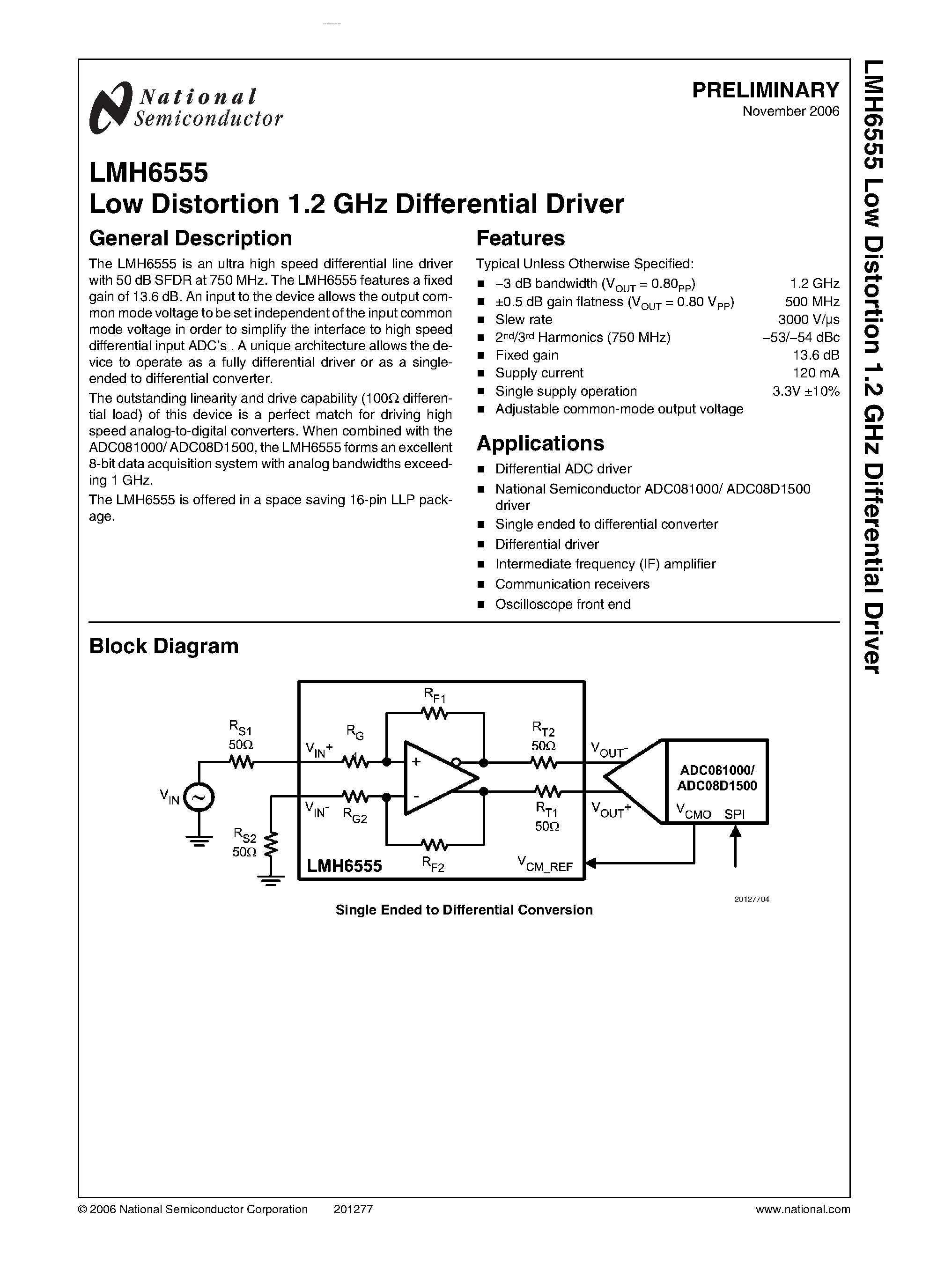 Datasheet LMH6555 - Low Distortion 1.2 GHz Differential Driver page 1