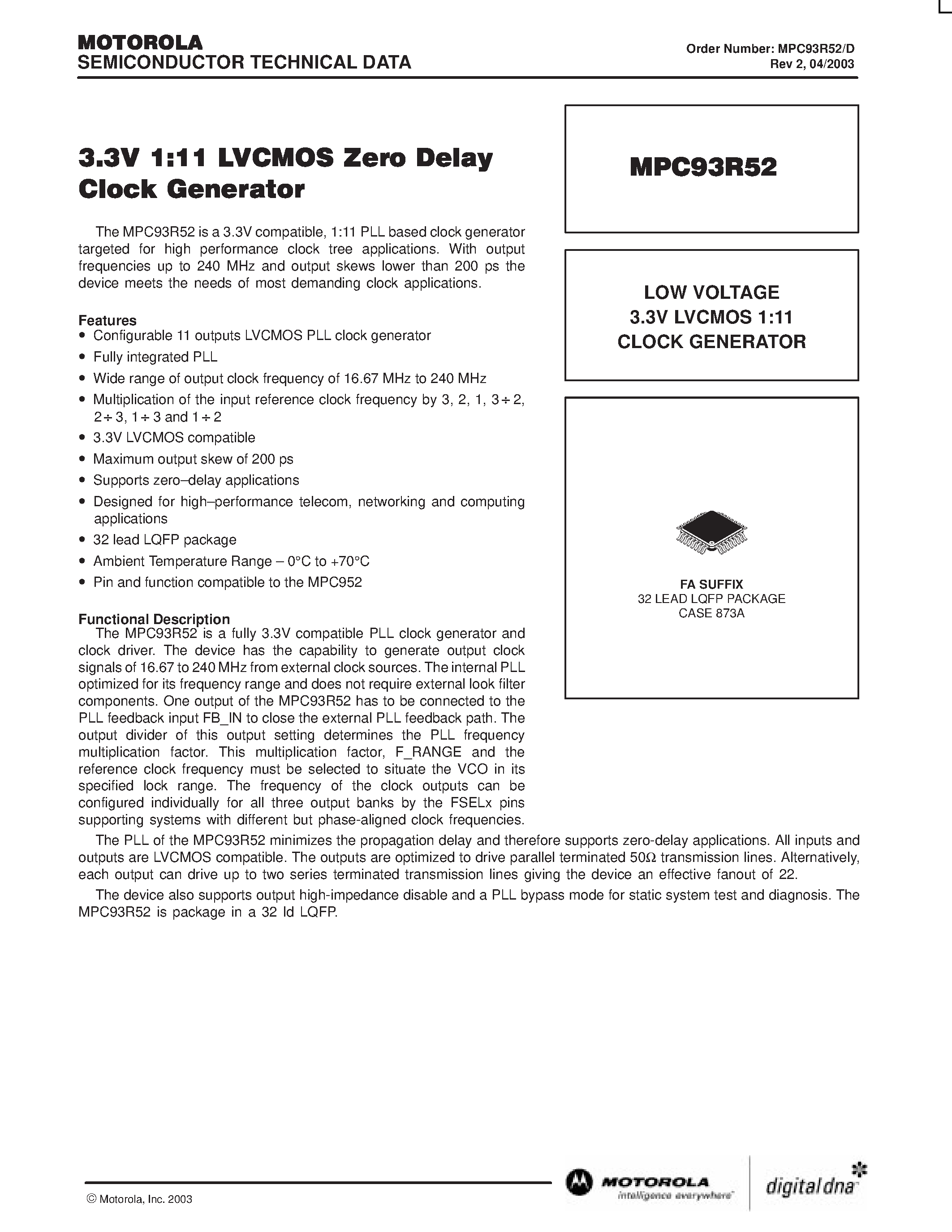 Datasheet MPC93R52 - LOW VOLTAGE 3.3V LVCMOS 1:11 CLOCK GENERATOR page 1