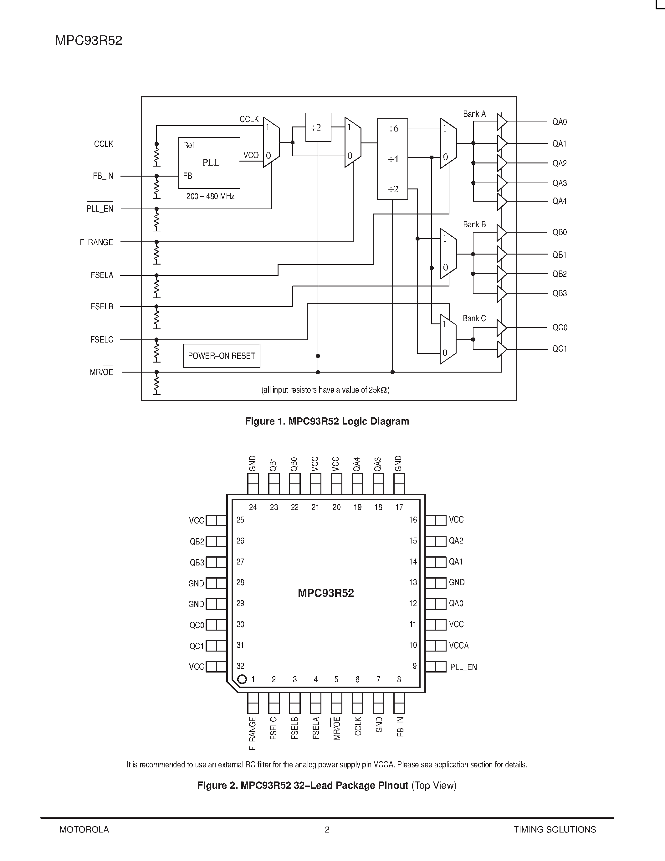 Datasheet MPC93R52 - LOW VOLTAGE 3.3V LVCMOS 1:11 CLOCK GENERATOR page 2
