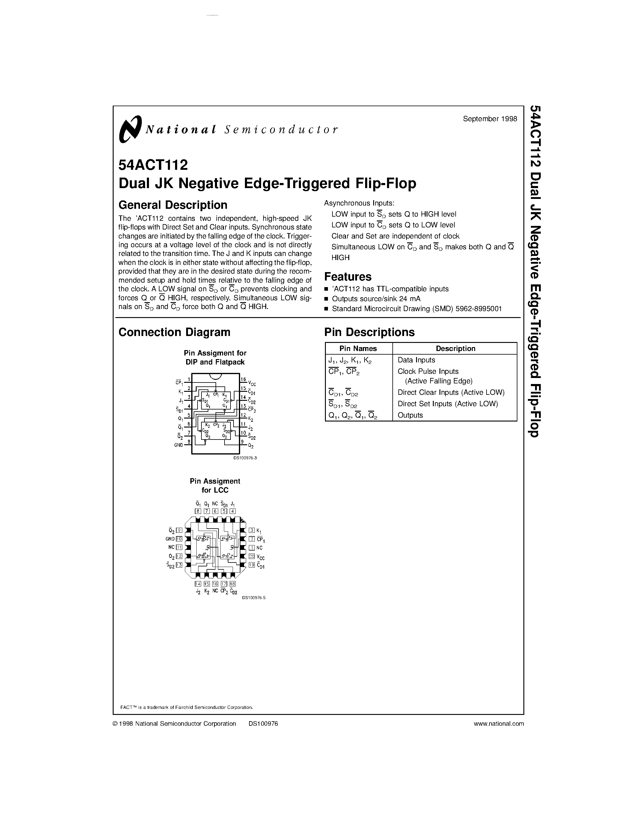 Datasheet 54ACT112 - Dual JK Negative Edge-Triggered Flip-Flop page 1