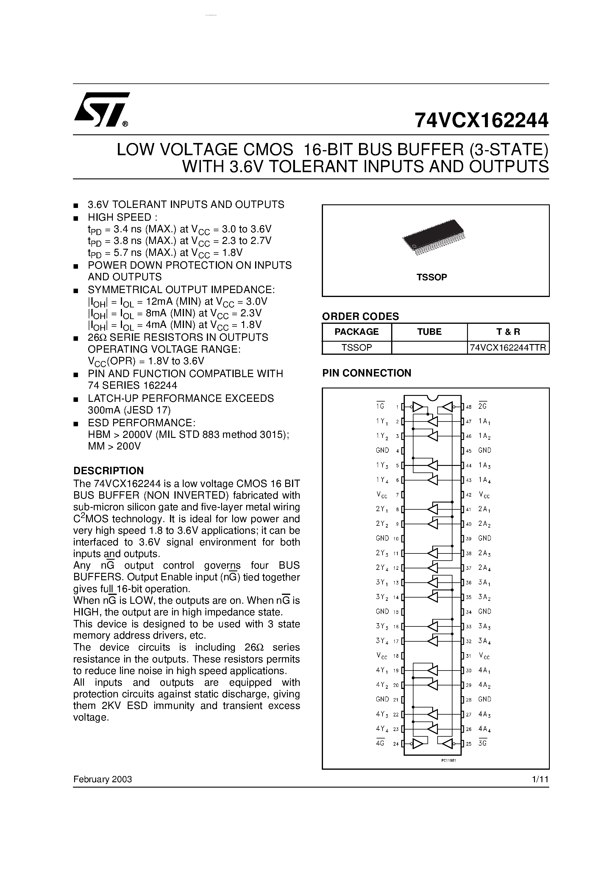 Datasheet 74VCX162244 - LOW VOLTAGE CMOS 16-BIT BUS BUFFER page 1