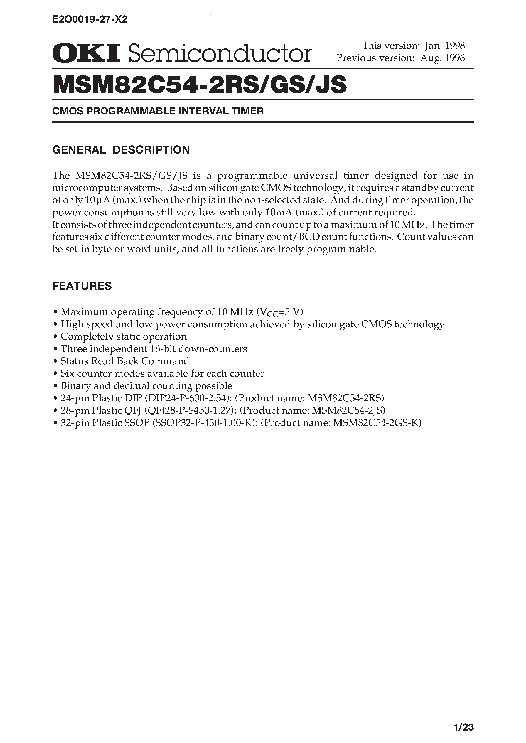 Datasheet M82C54-2 page 1 Datasheet M82C54-2 - CMOS PROGRAMMABLE INTERVAL TIMER page 1