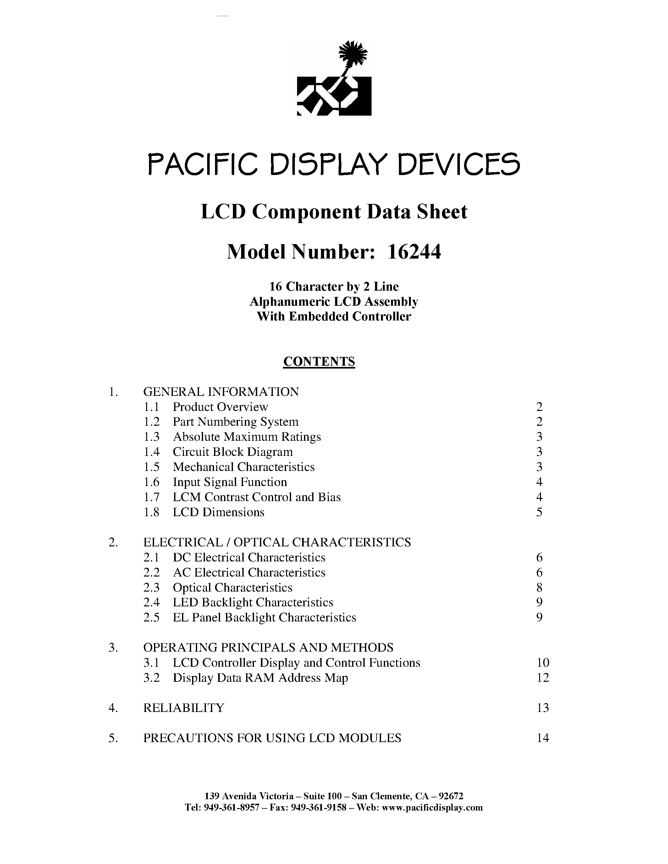 Datasheet 16244 - 16 Character by 2 Line Alphanumeric LCD Assembly page 1
