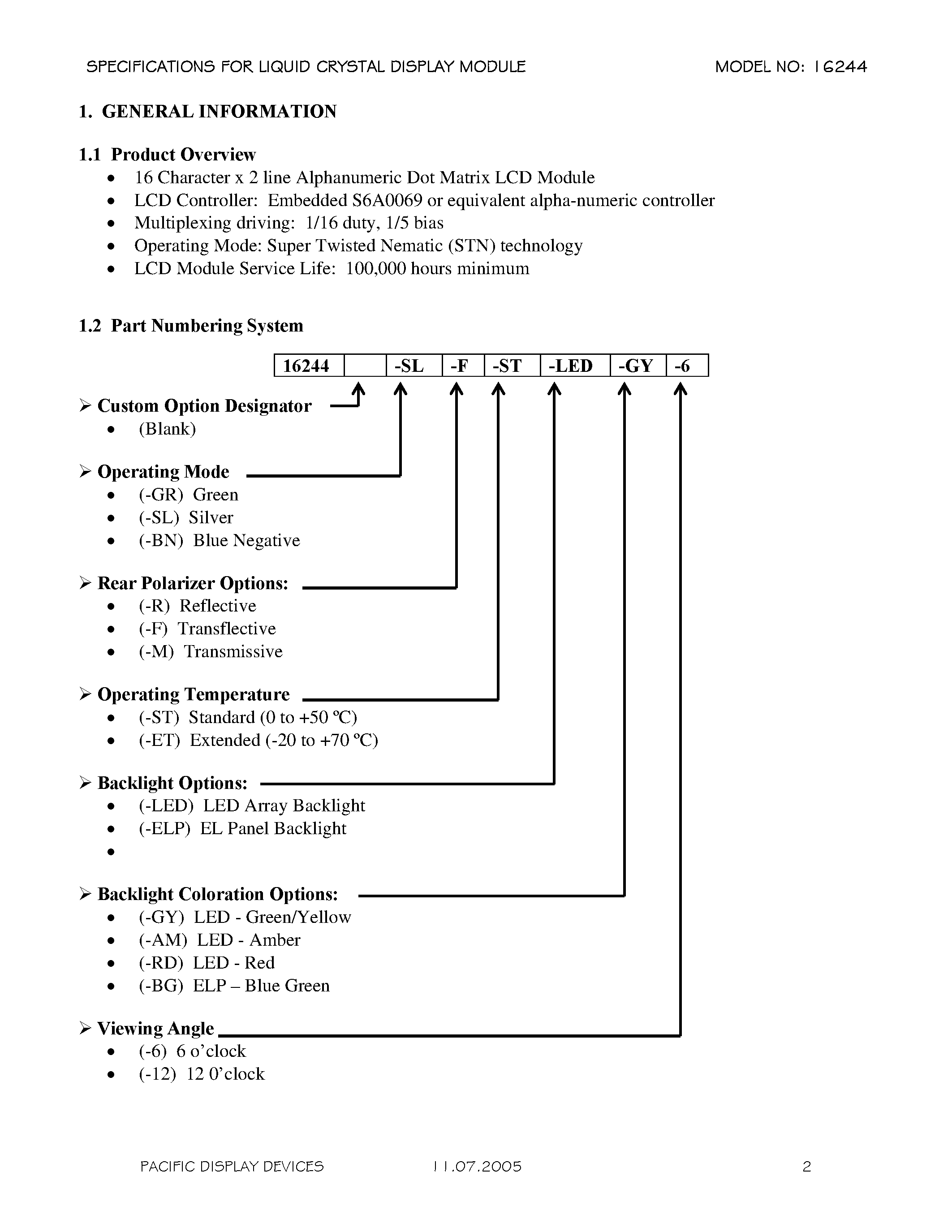 Datasheet 16244 - 16 Character by 2 Line Alphanumeric LCD Assembly page 2