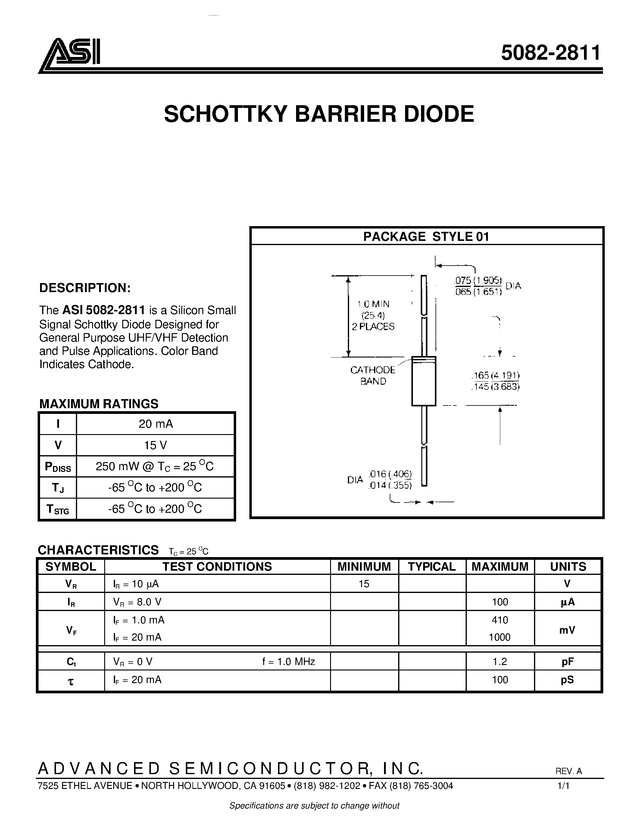Datasheet 5082-2811 page 1 Datasheet 5082-2811 - SCHOTTKY BARRIER DIODE page 1