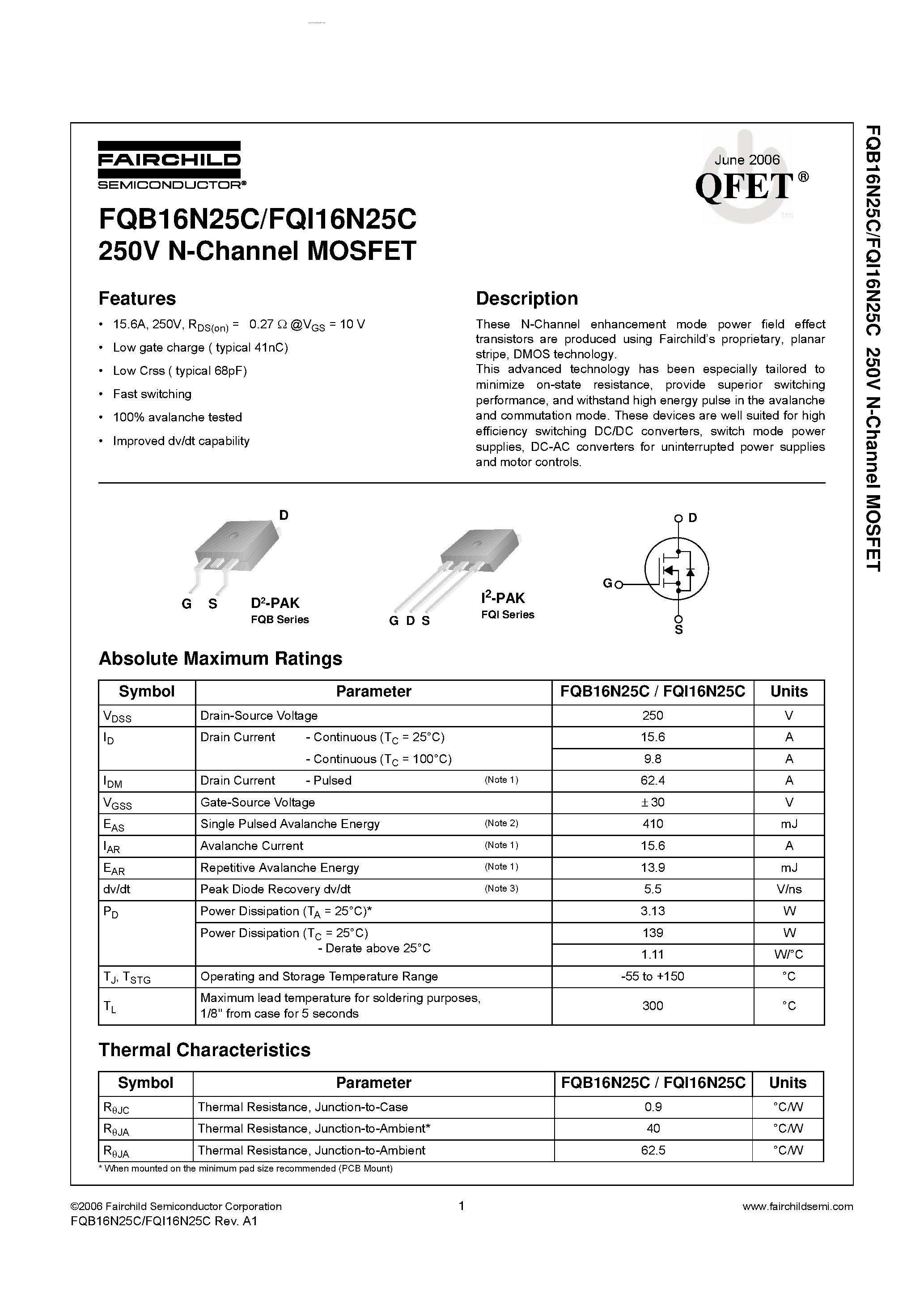 Datasheet FQB16N25C - N-Channel MOSFET page 1