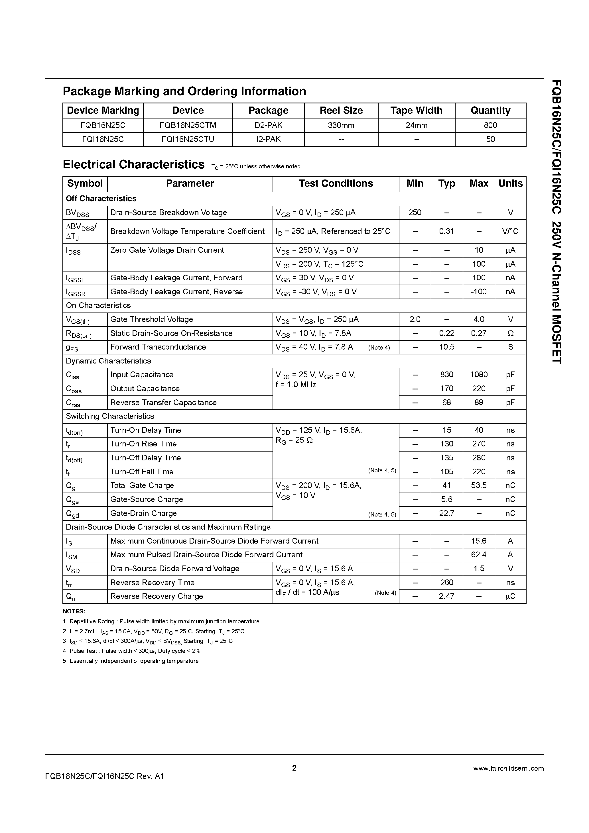 Datasheet FQB16N25C - N-Channel MOSFET page 2