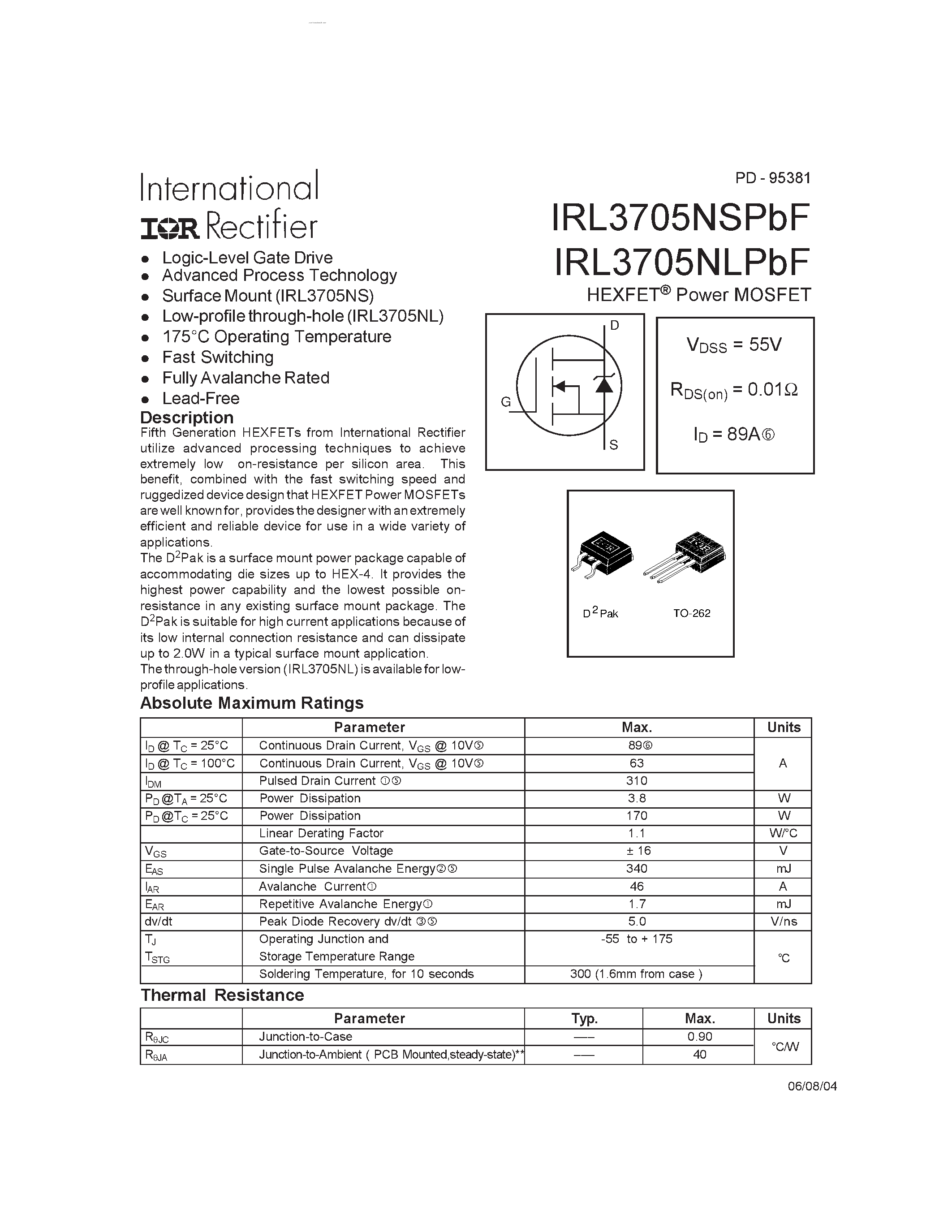 Datasheet IRL3705NLPBF - HEXFET Power MOSFET page 1