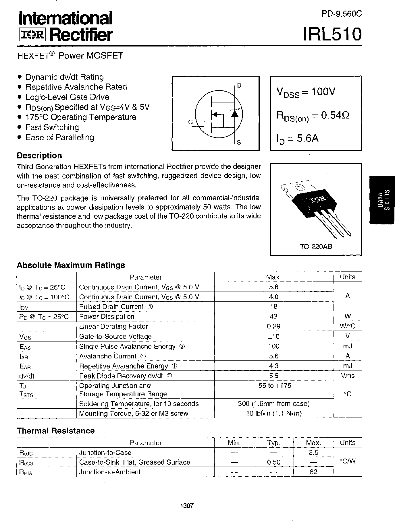 Datasheet IRL510 - HEXFET Power MOSFET page 1
