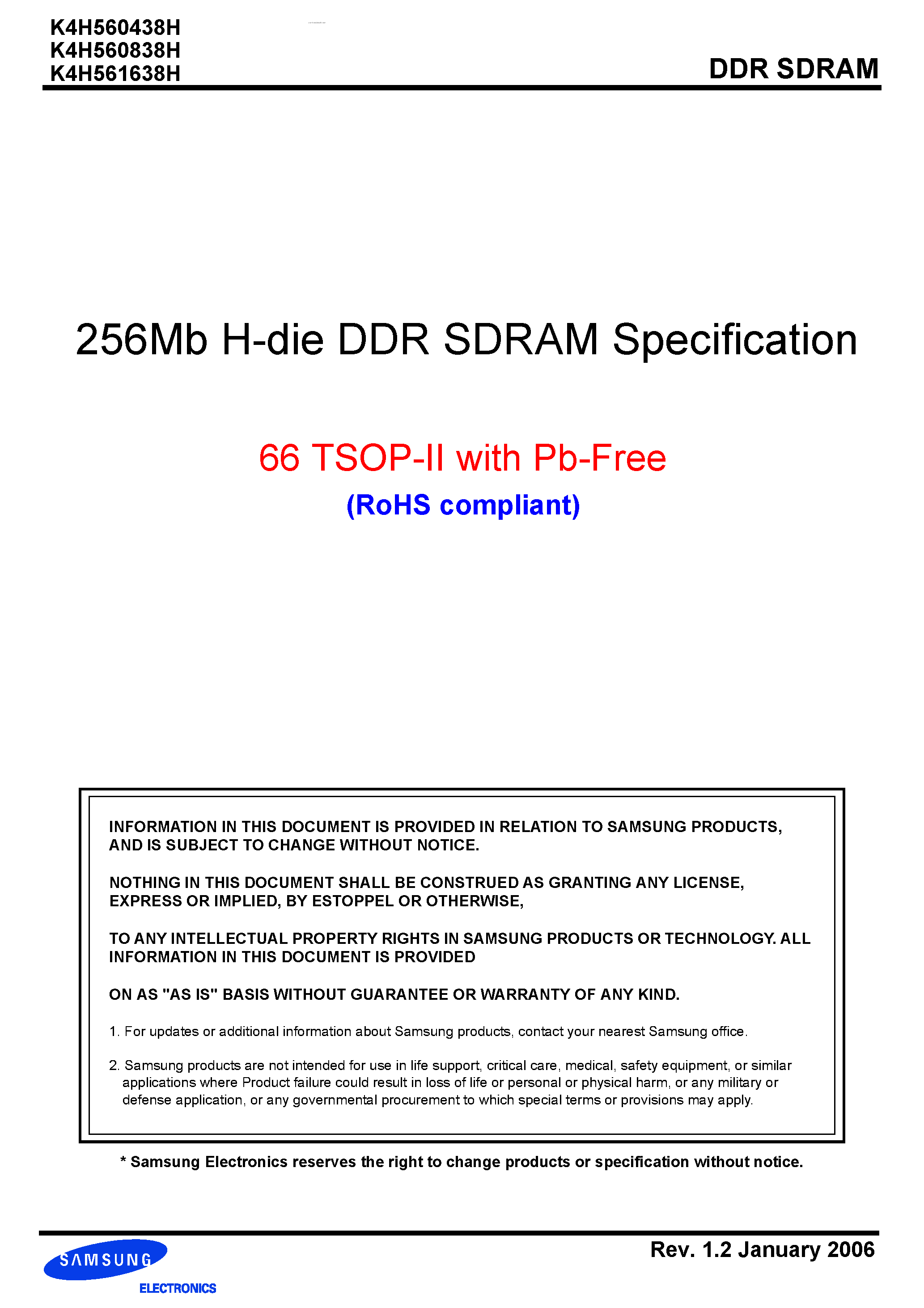 Datasheet K4H560438H - (K4H560438H - K4H561638H) 256Mb H-die DDR SDRAM Specification page 1