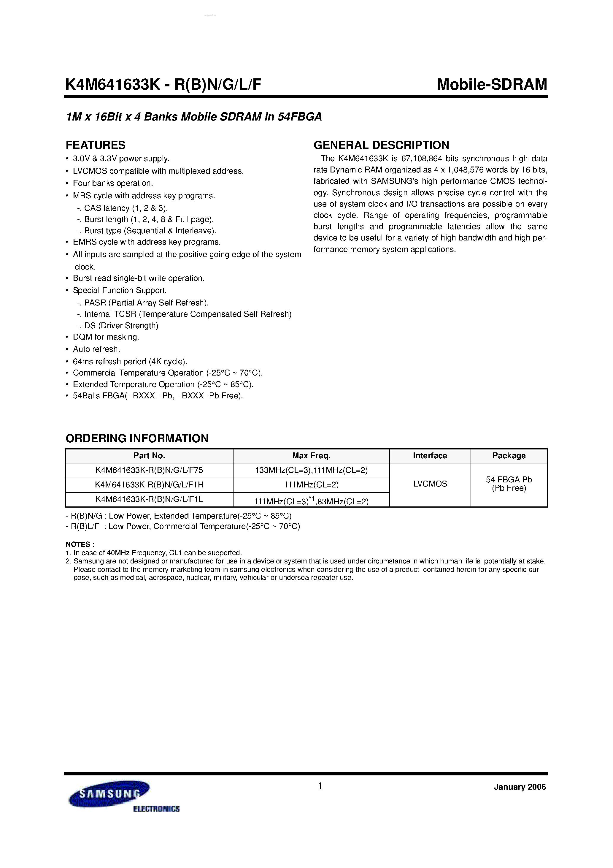 Datasheet K4M641633K - 1M x 16Bit x 4 Banks Mobile SDRAM page 1