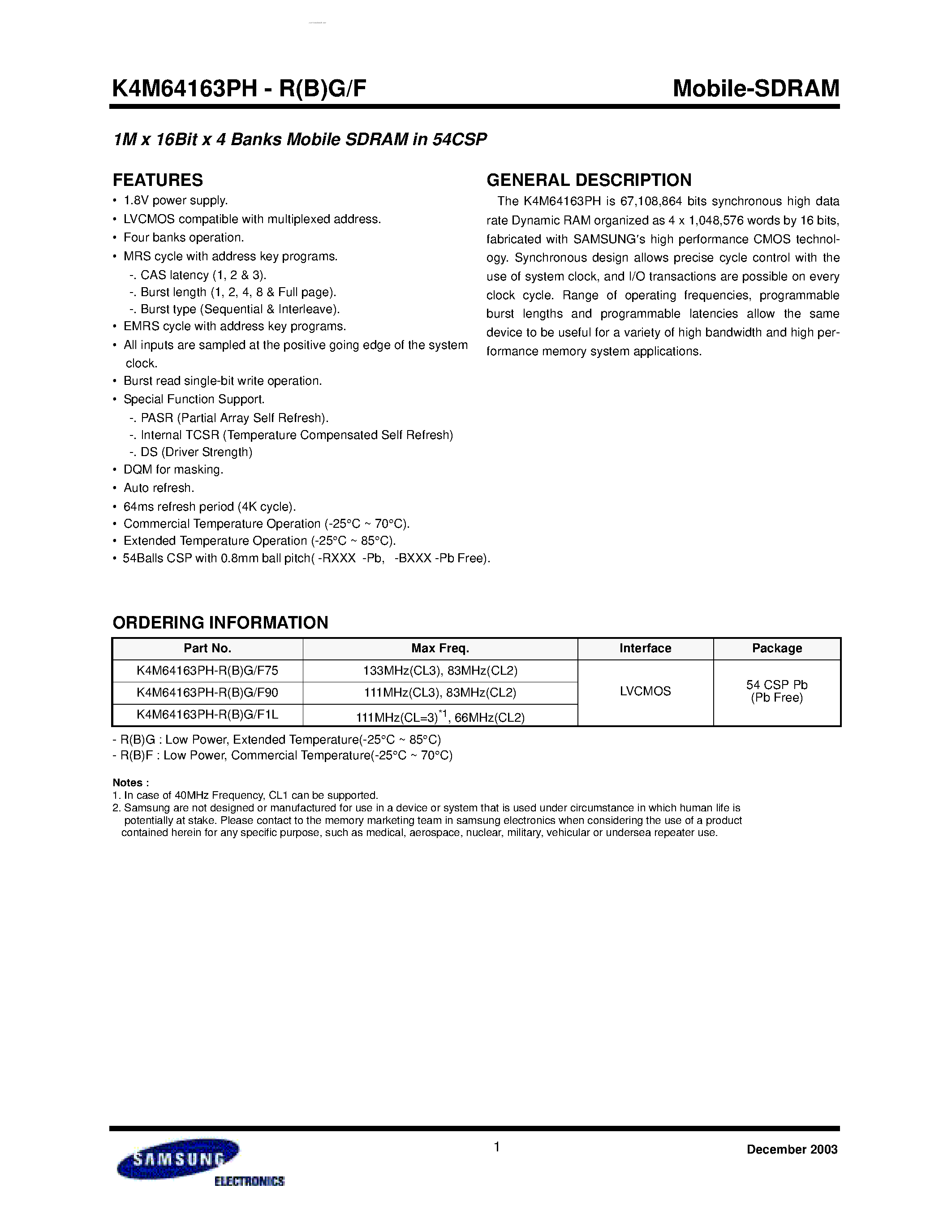 Datasheet K4M64163PH - 1M x 16Bit x 4 Banks Mobile SDRAM page 1