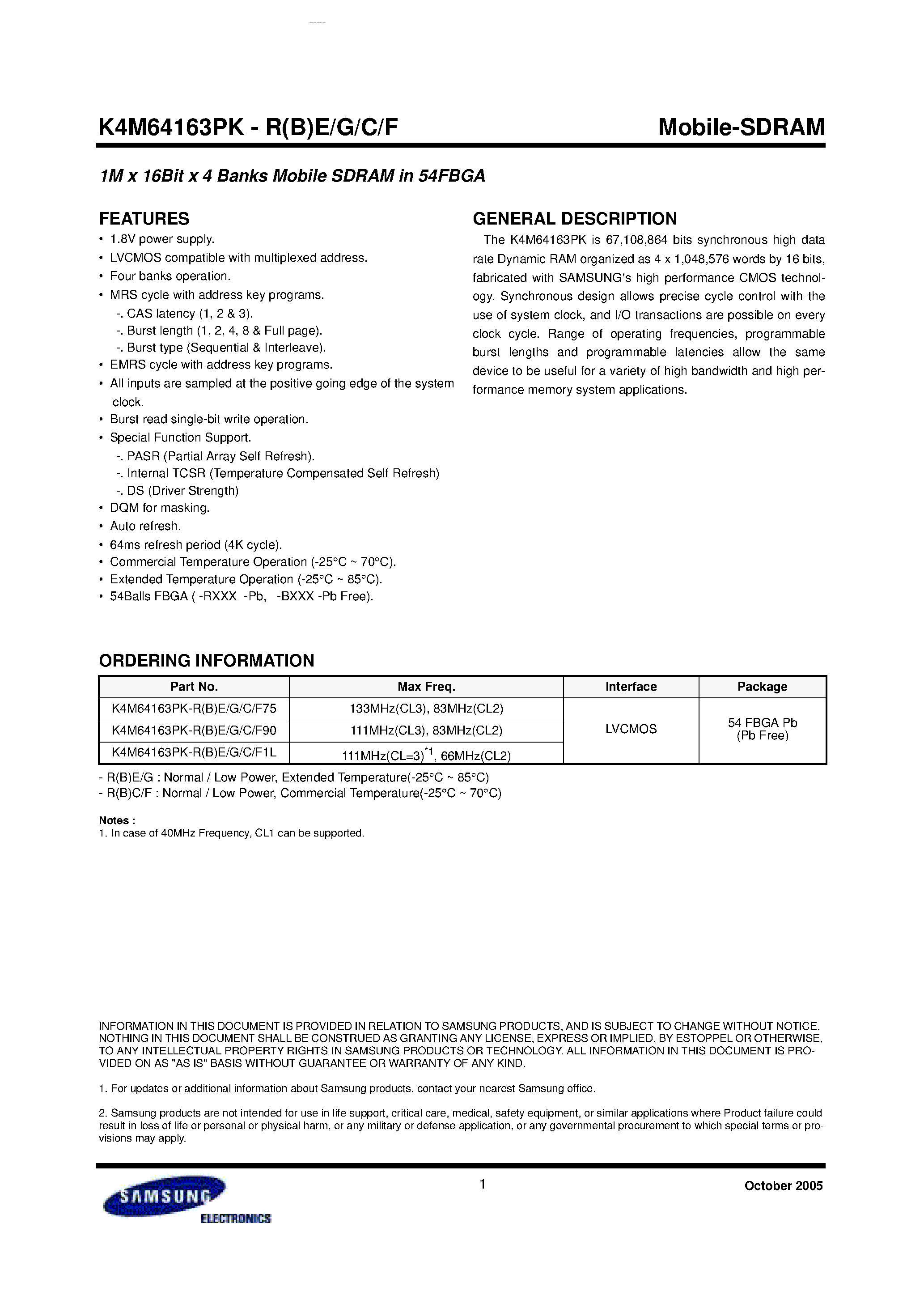 Datasheet K4M64163PK - 1M x 16Bit x 4 Banks Mobile SDRAM page 1