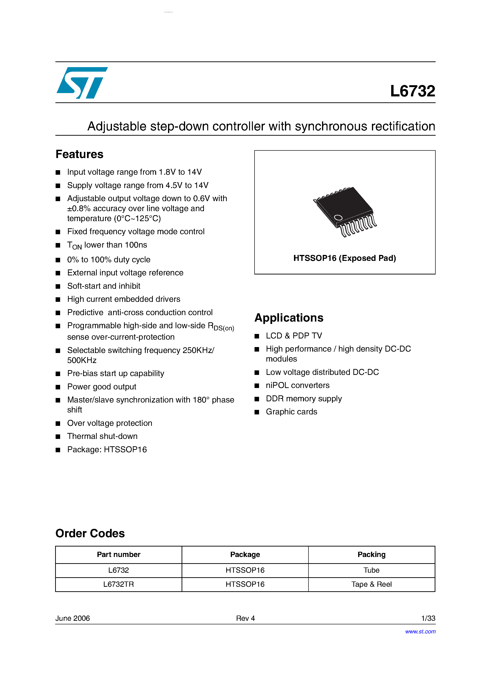Даташит на микросхему L6732 страница 1 Даташит L6732 - Adjustable step-down controller страница 1