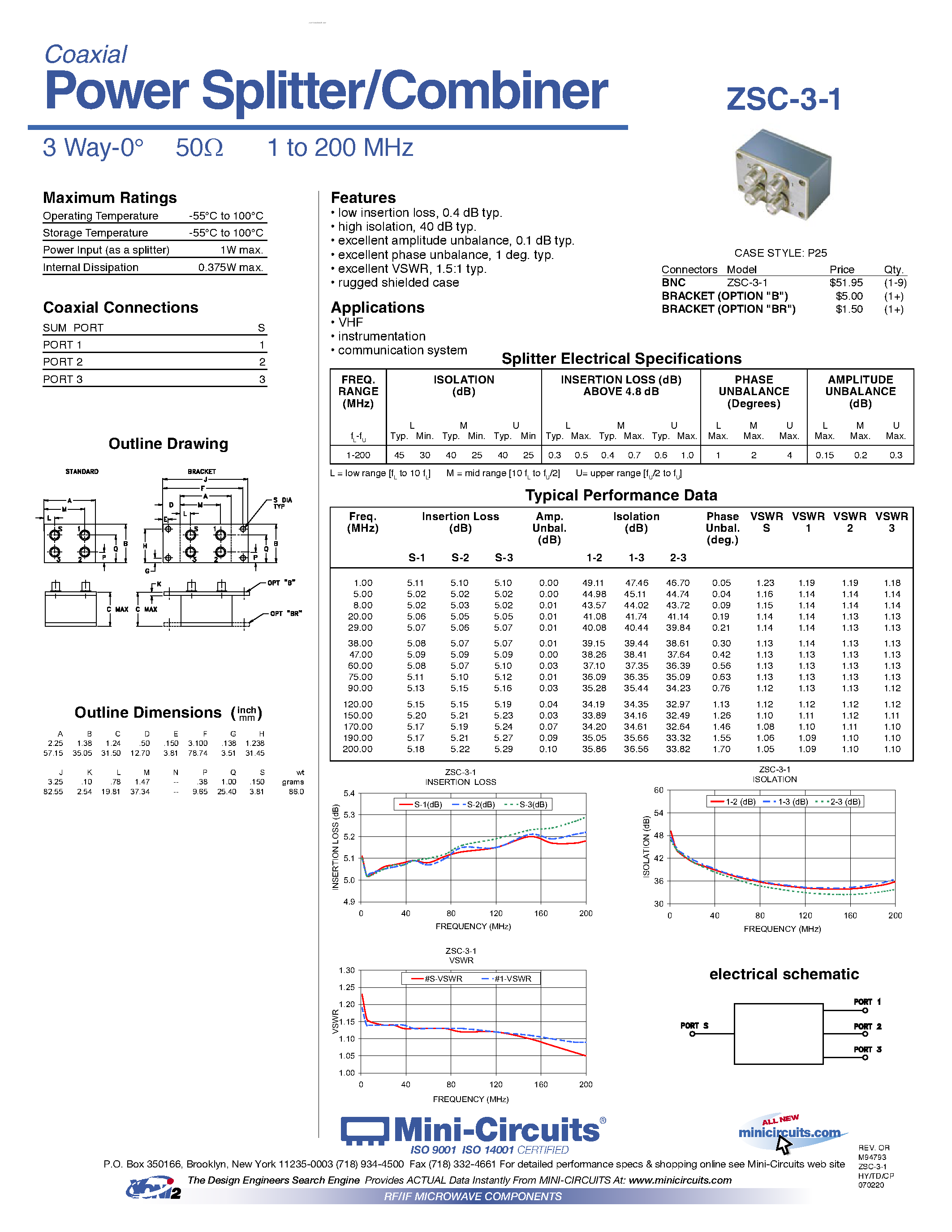 Datasheet ZSC-3-1 - Power Splitter/Combiner page 1