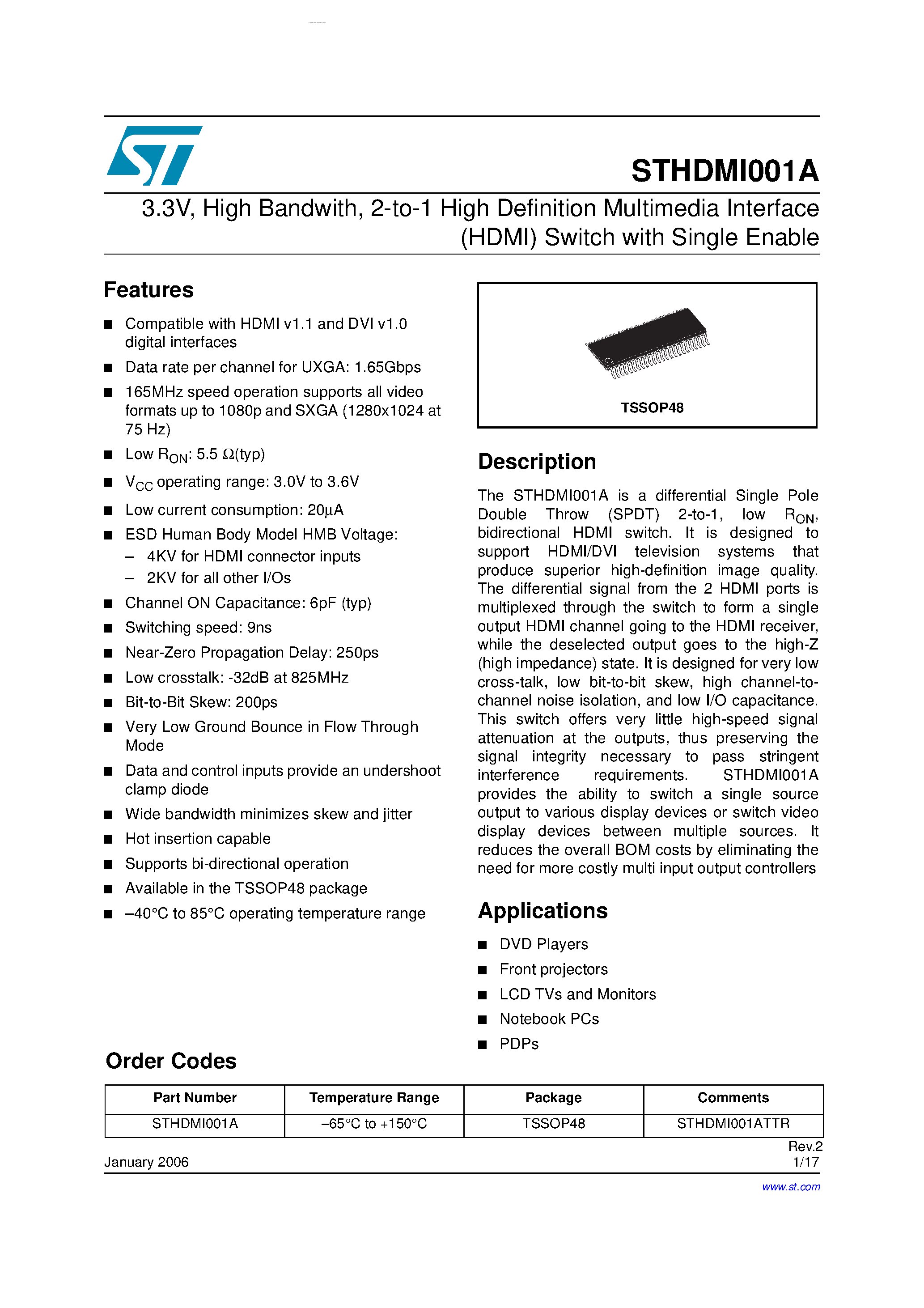 Datasheet STHDM1001A - 2-to-1 High Definition Multimedia Interface (HDMI) Switch page 1