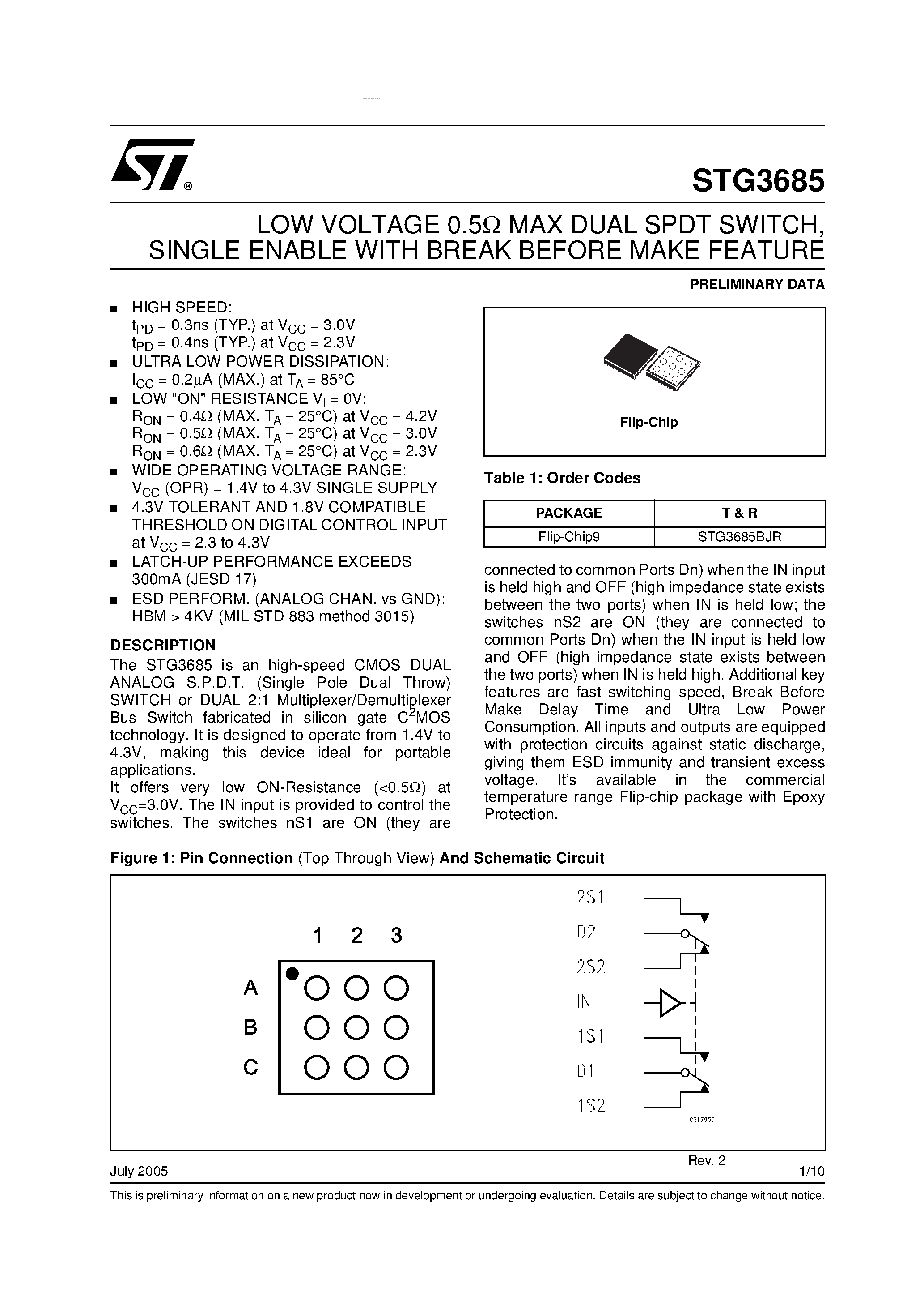 Datasheet STG3685 - LOW VOLTAGE 0.5ohm MAX DUAL SPDT SWITCH page 1