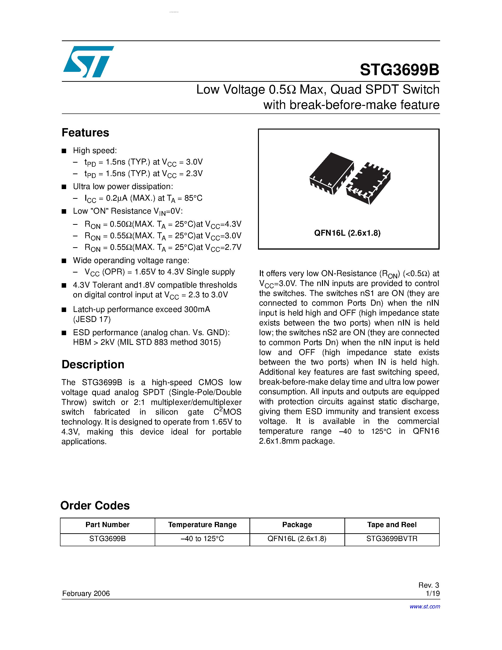 Datasheet STG3699B page 1 Datasheet STG3699B - Quad SPDT Switch page 1