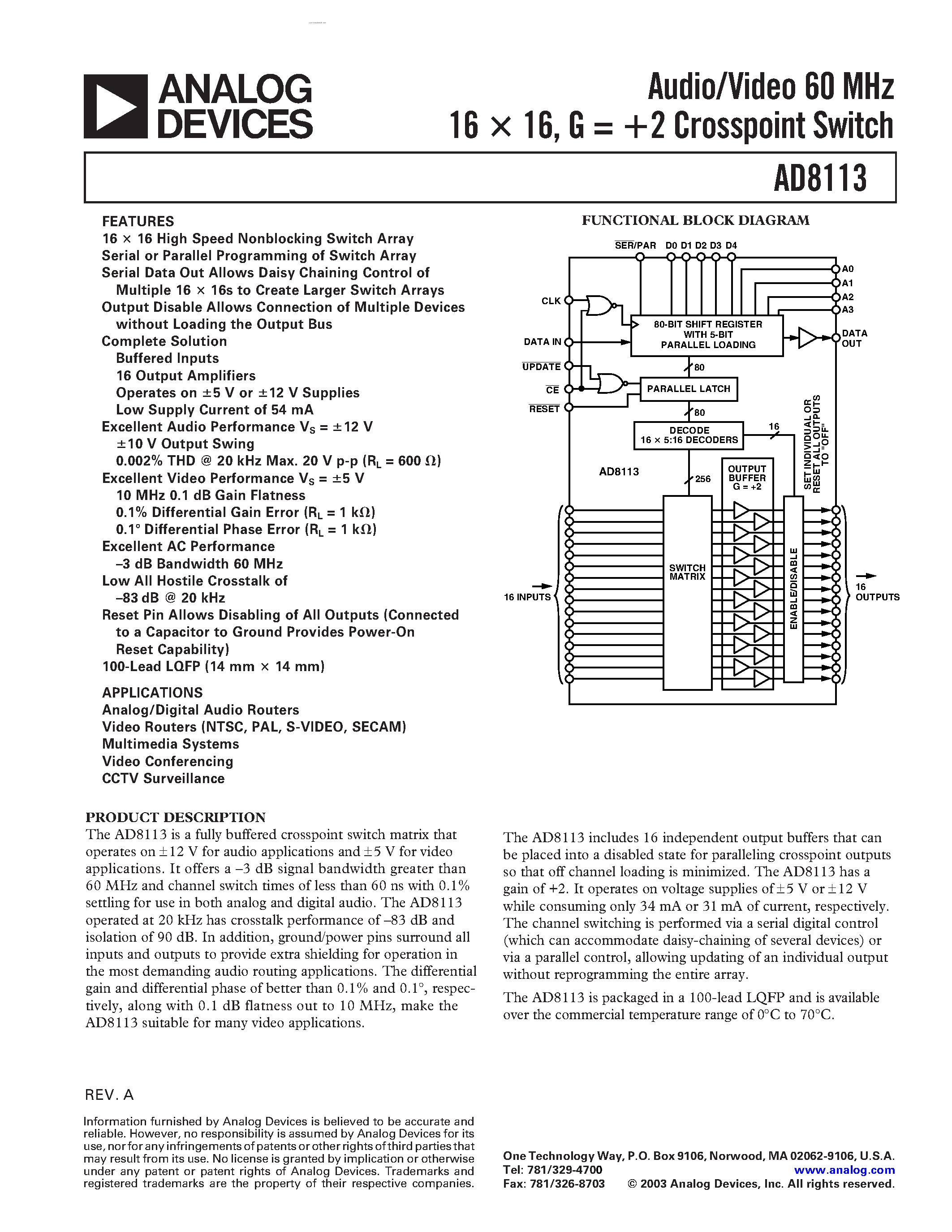 Datasheet AD8113 - Audio/Video Crosspoint Switch page 1