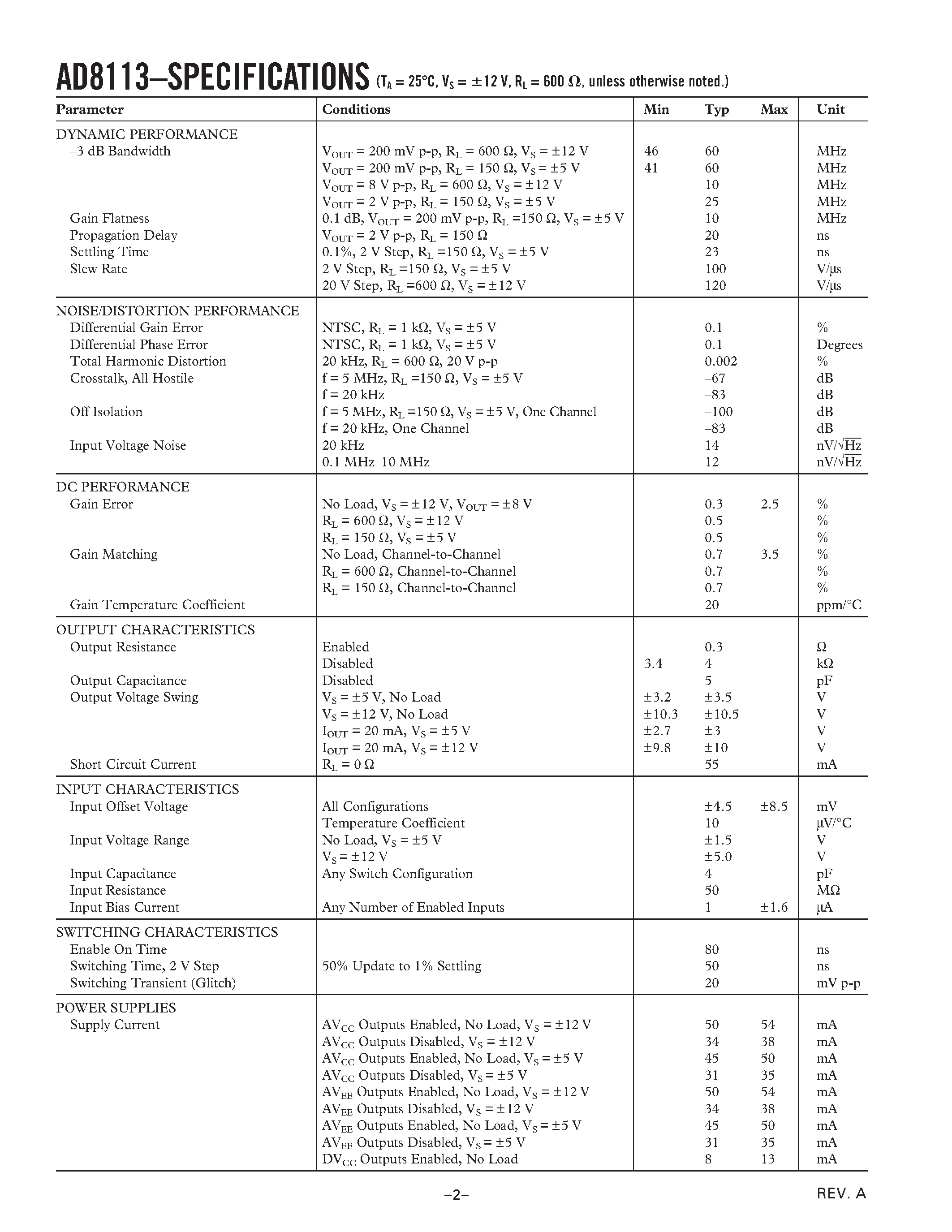 Datasheet AD8113 - Audio/Video Crosspoint Switch page 2