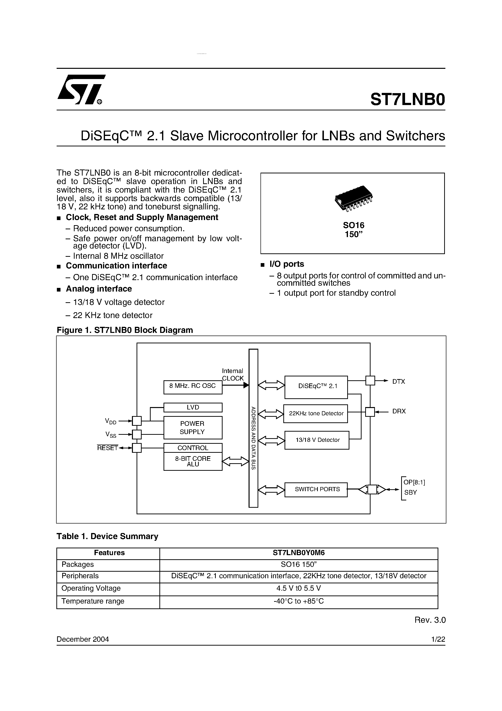 Даташит ST7LNB0 - Diseqc TM 2.1 Slave Microsontroller страница 1