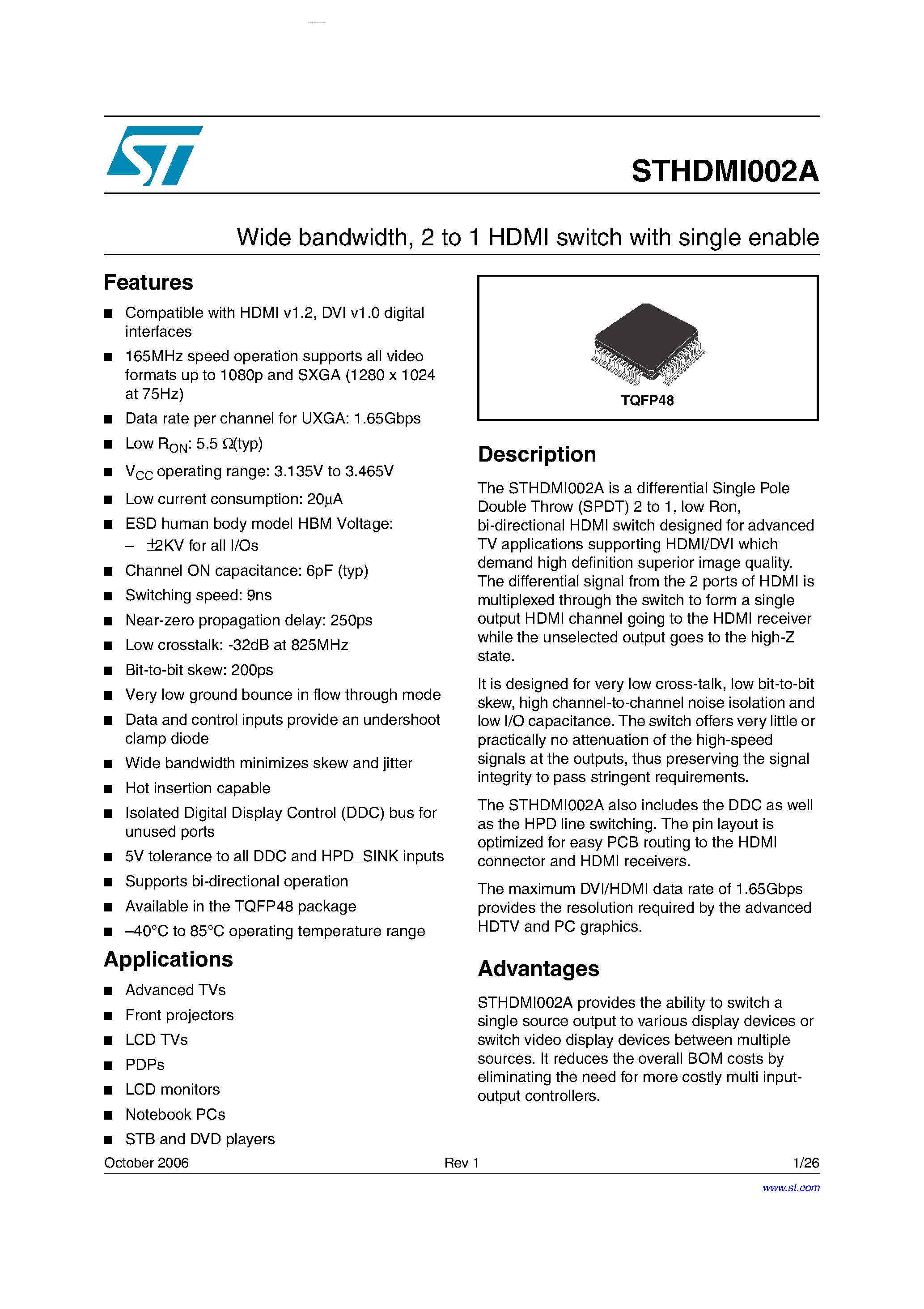 Datasheet STHDM1002A - 2-to-1 High Definition Multimedia Interface (HDMI) Switch page 1