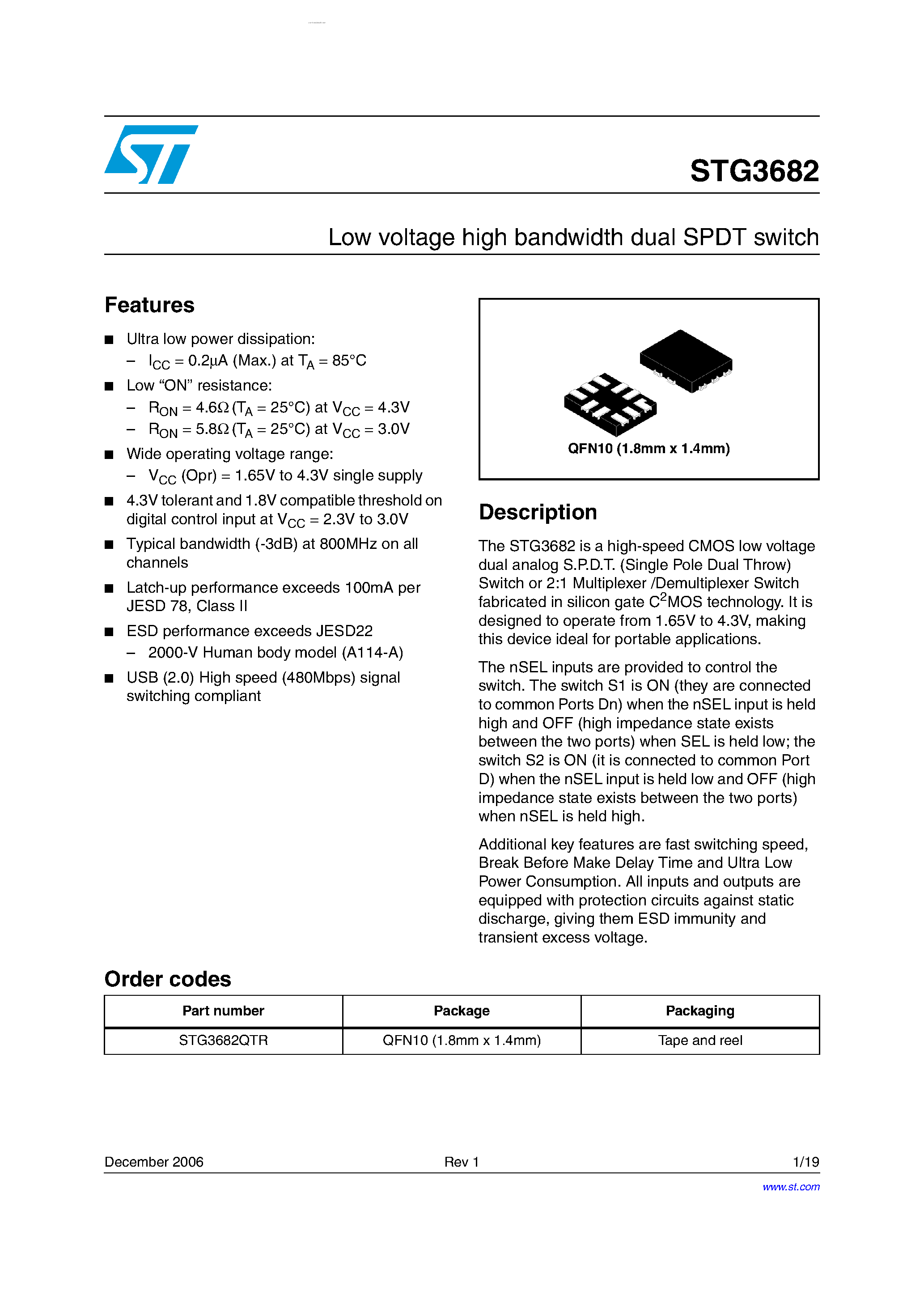 Datasheet STG3682 page 1 Datasheet STG3682 - Low Voltage High Bandwidth Dual SPDT Switch page 1