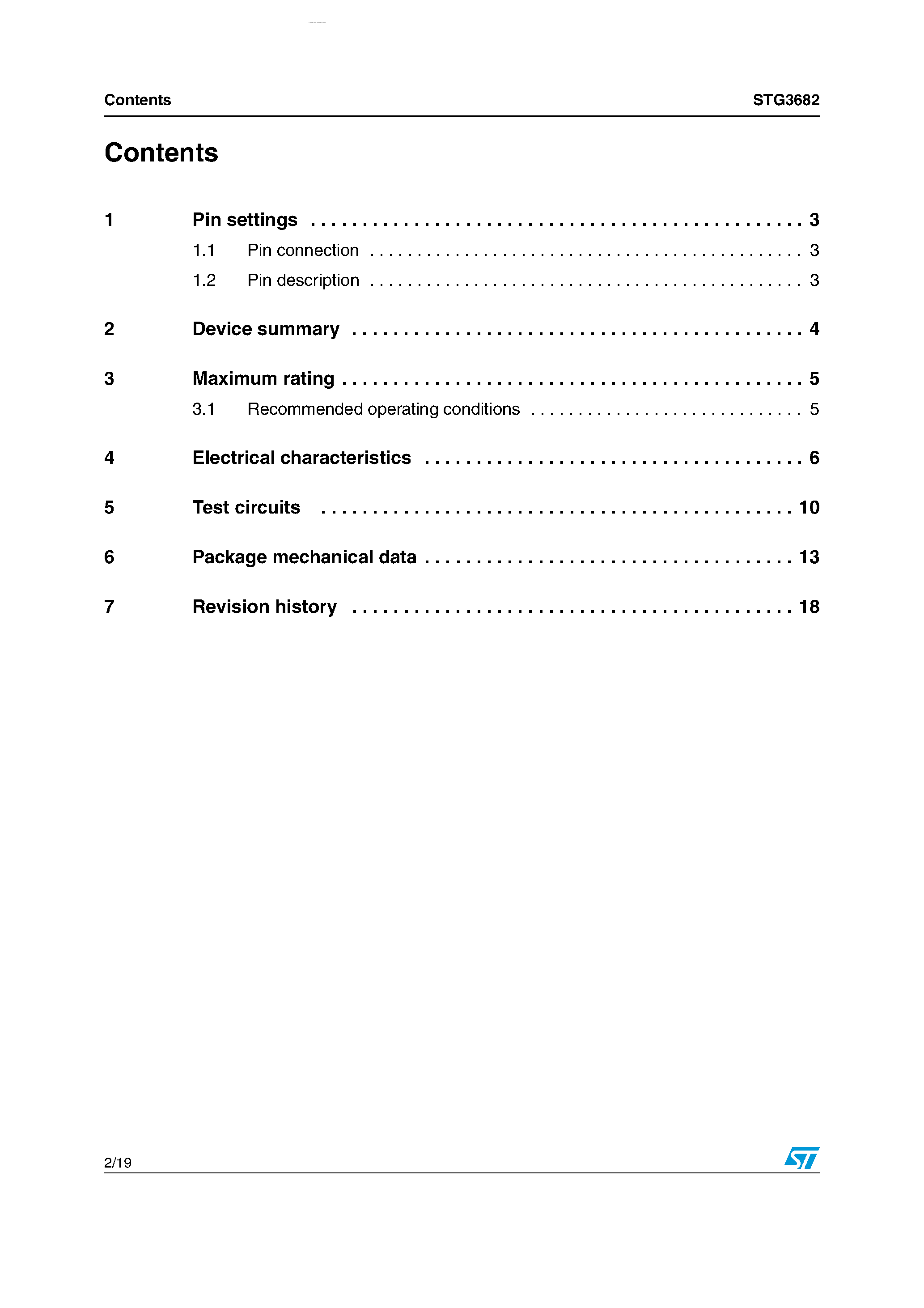 Datasheet STG3682 page 2 Datasheet STG3682 - Low Voltage High Bandwidth Dual SPDT Switch page 2