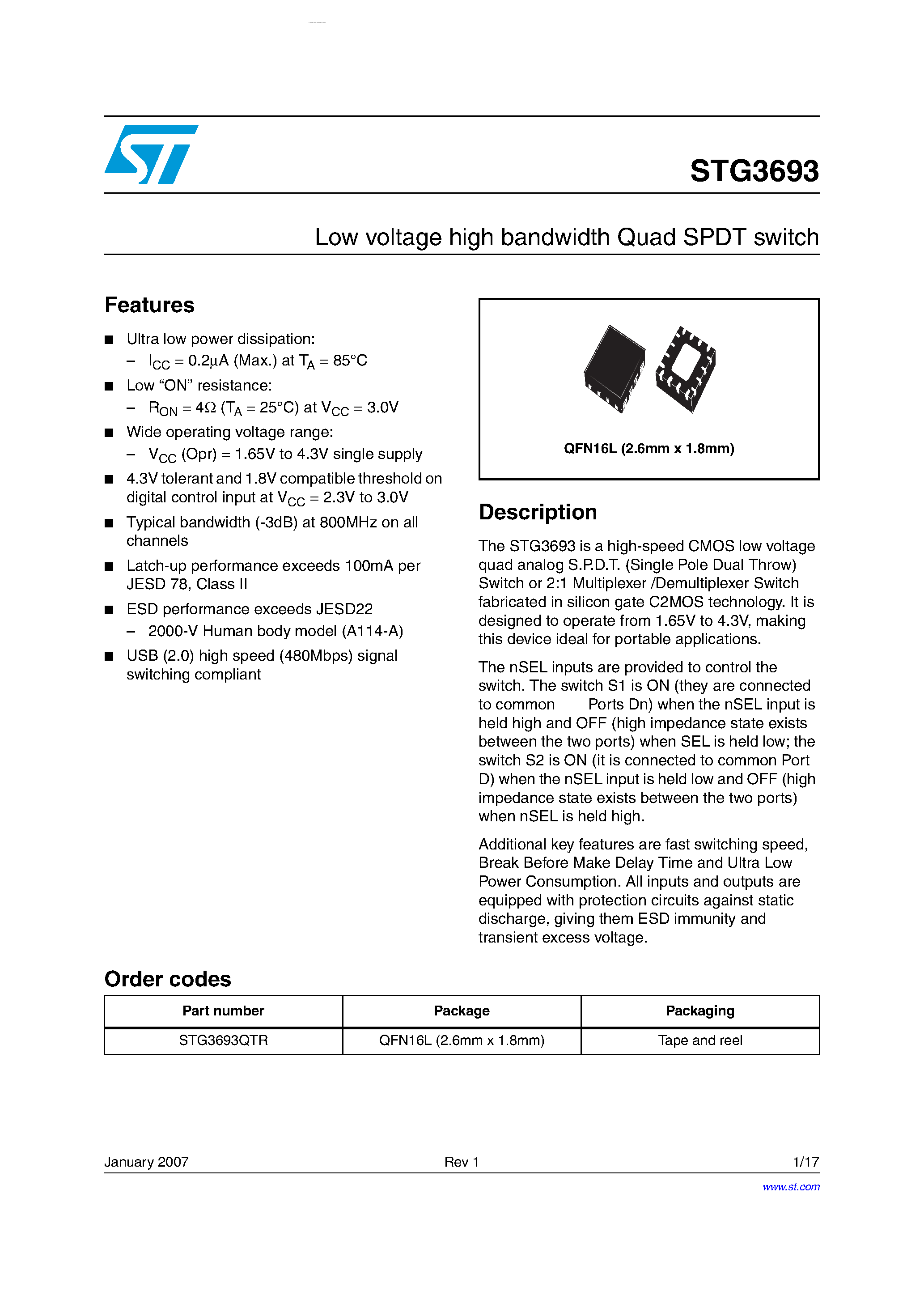 Datasheet STG3693 - Low Voltage High Bandwidth Quad SPDT Switch page 1
