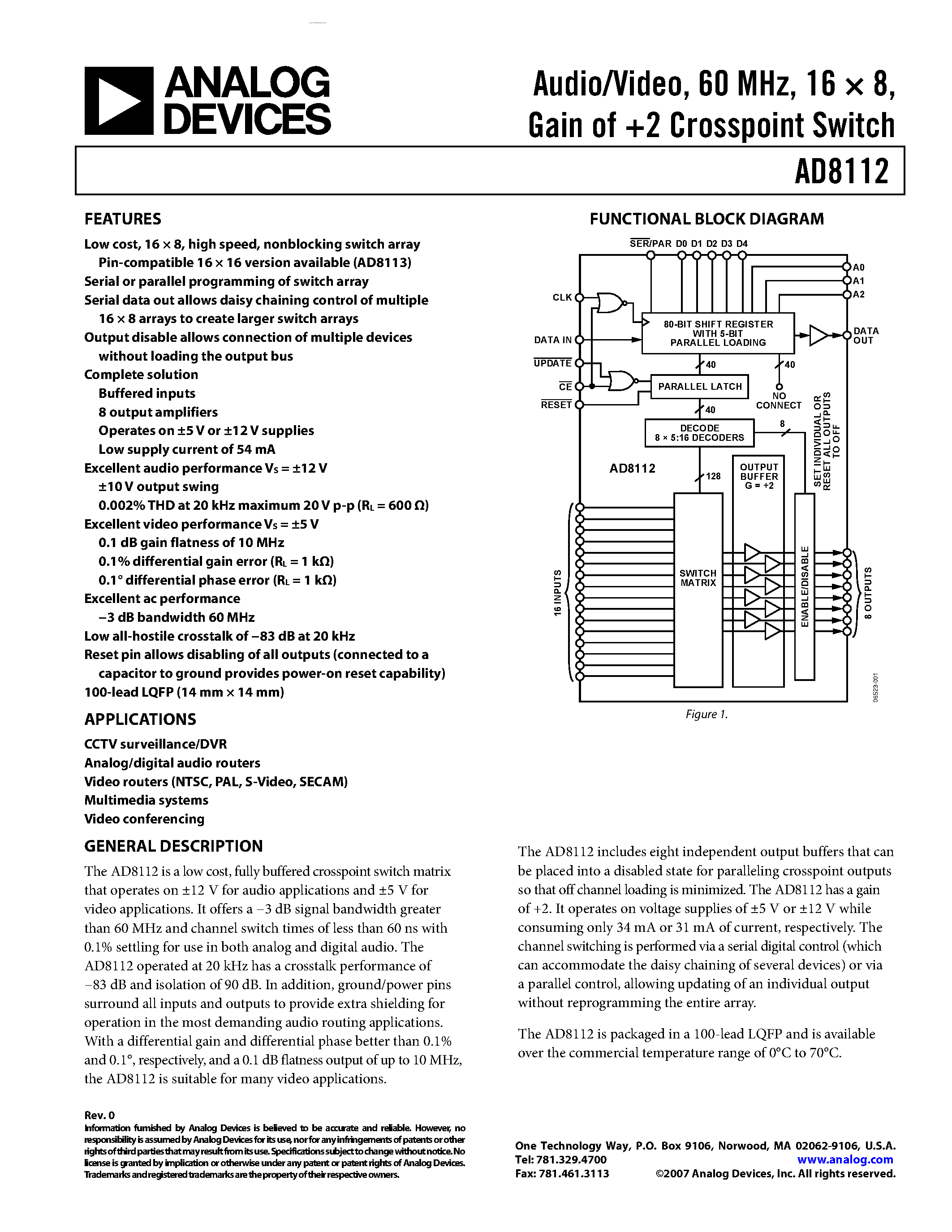 Datasheet AD8112 - fully buffered crosspoint switch matrix that operates page 1