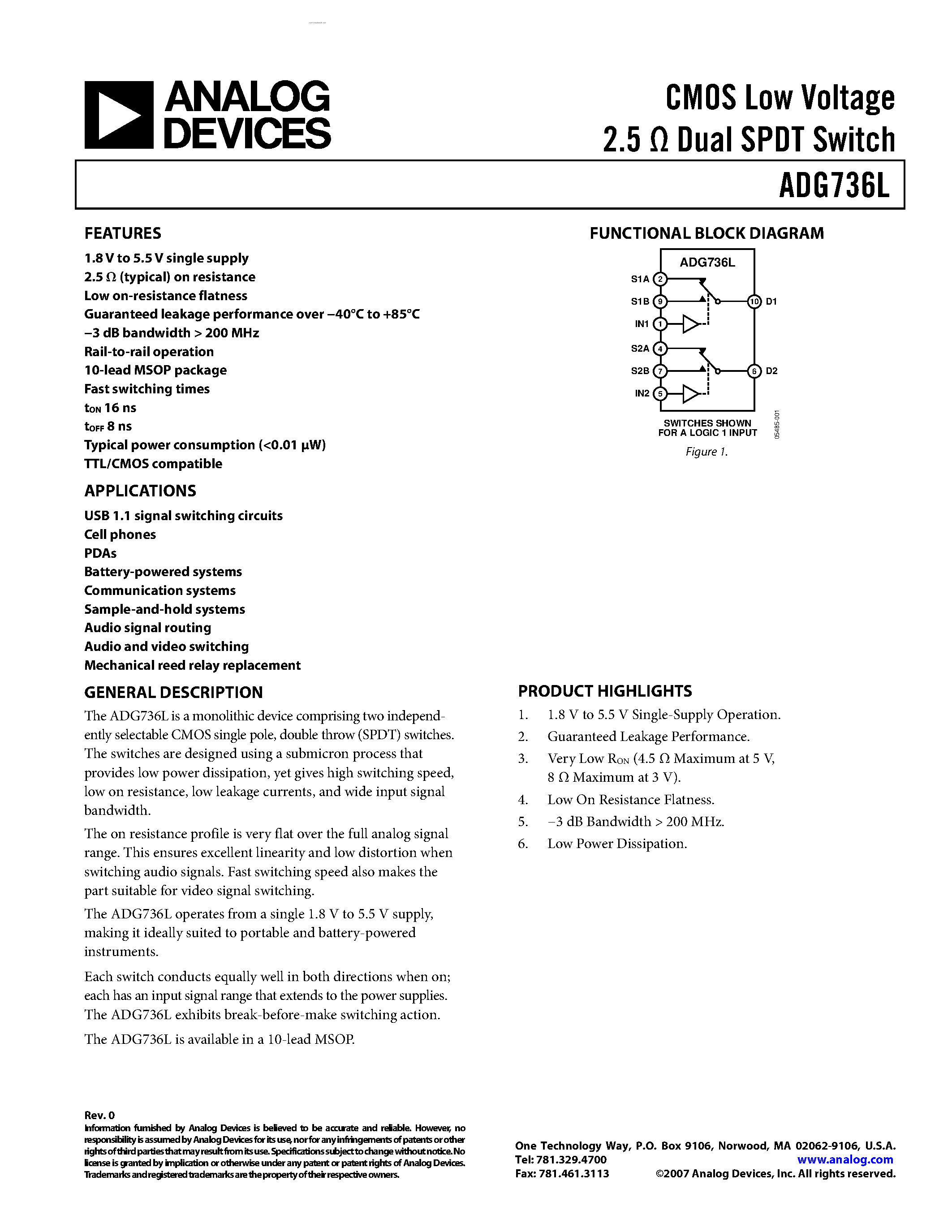 Даташит на микросхему ADG736L страница 1 Даташит ADG736L - CMOS Low Voltage Dual SPDT Switch страница 1