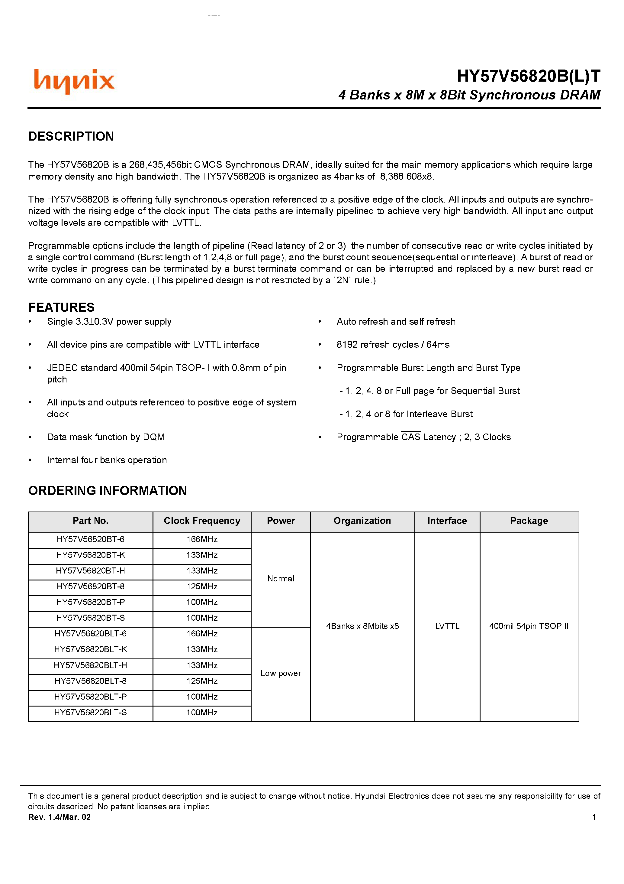 Datasheet HY57V56820BLT - 4 Banks x 8M x 8Bit Synchronous DRAM page 1
