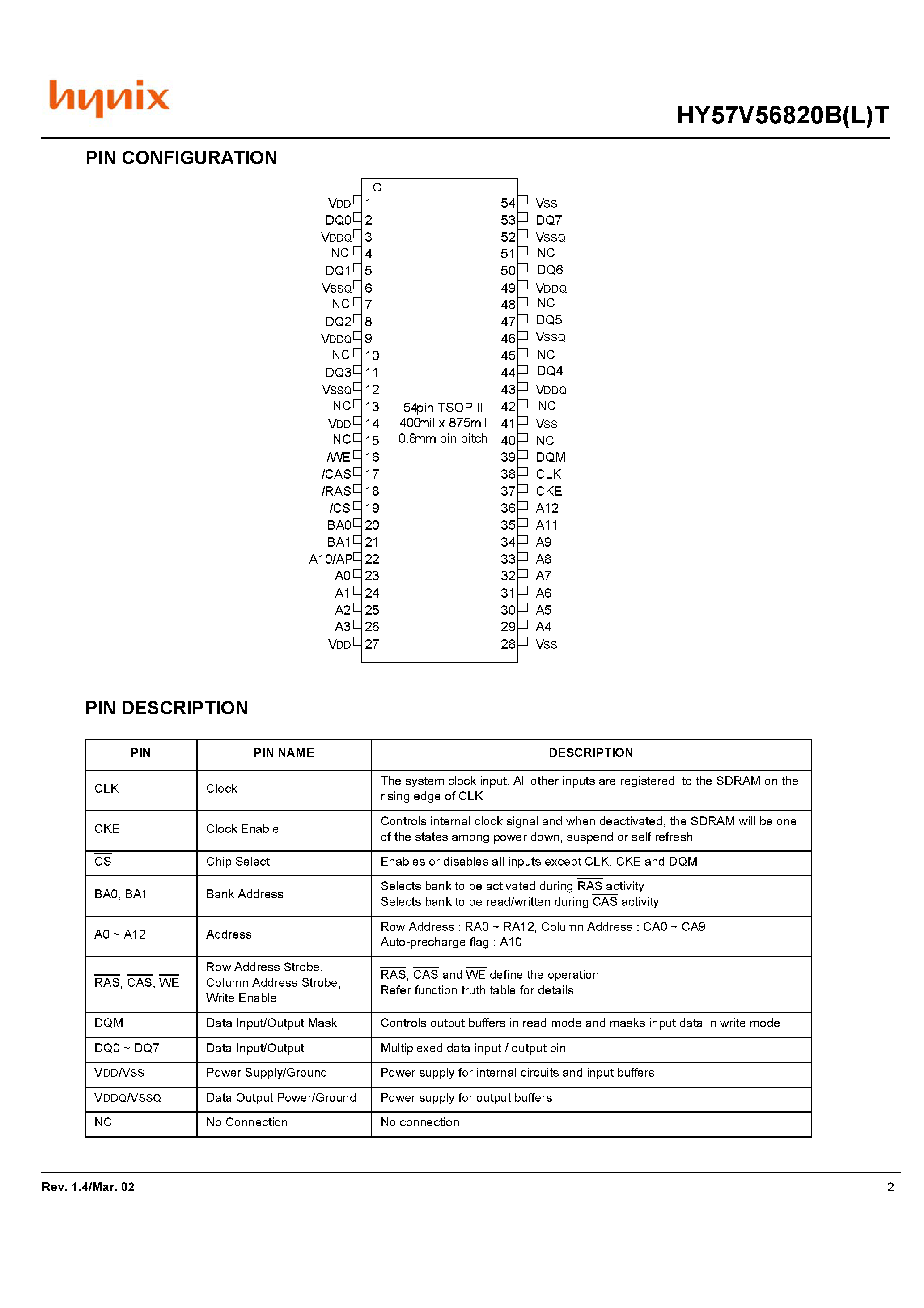 Datasheet HY57V56820BLT - 4 Banks x 8M x 8Bit Synchronous DRAM page 2