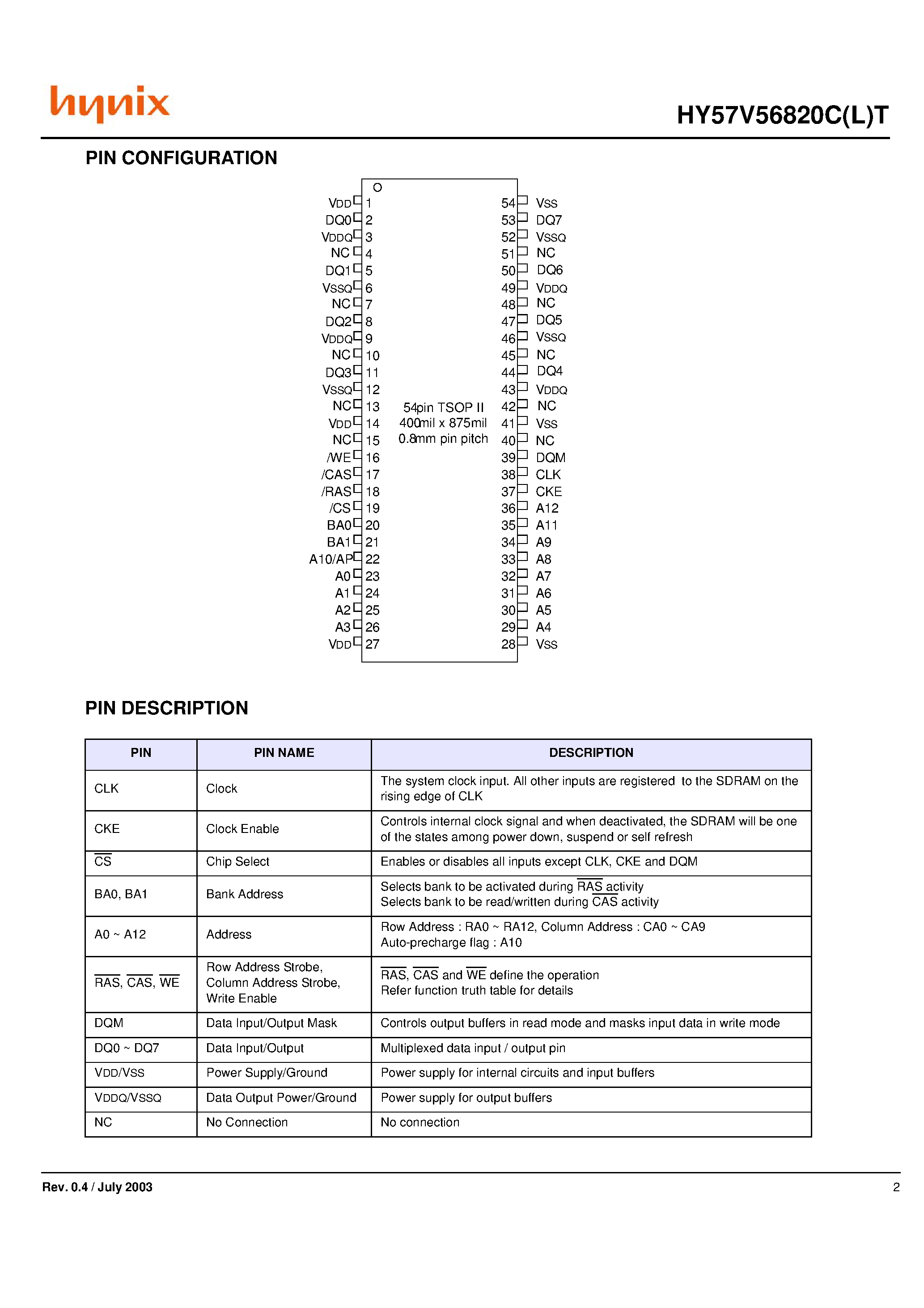 Datasheet HY57V56820CLT - 4 Banks x 8M x 8Bit Synchronous DRAM page 2