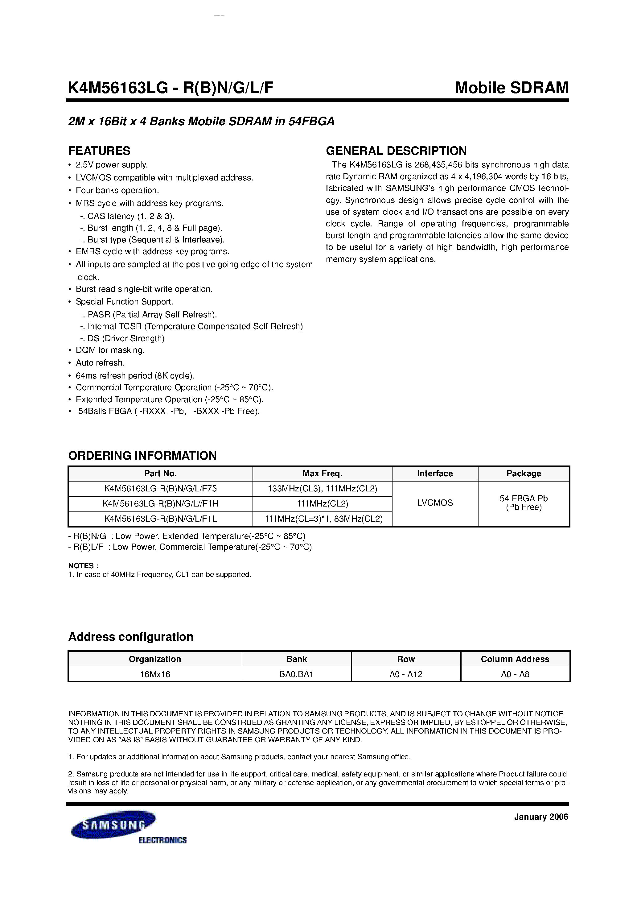 Datasheet K4M56163LG - 2M x 16Bit x 4 Banks Mobile SDRAM page 1