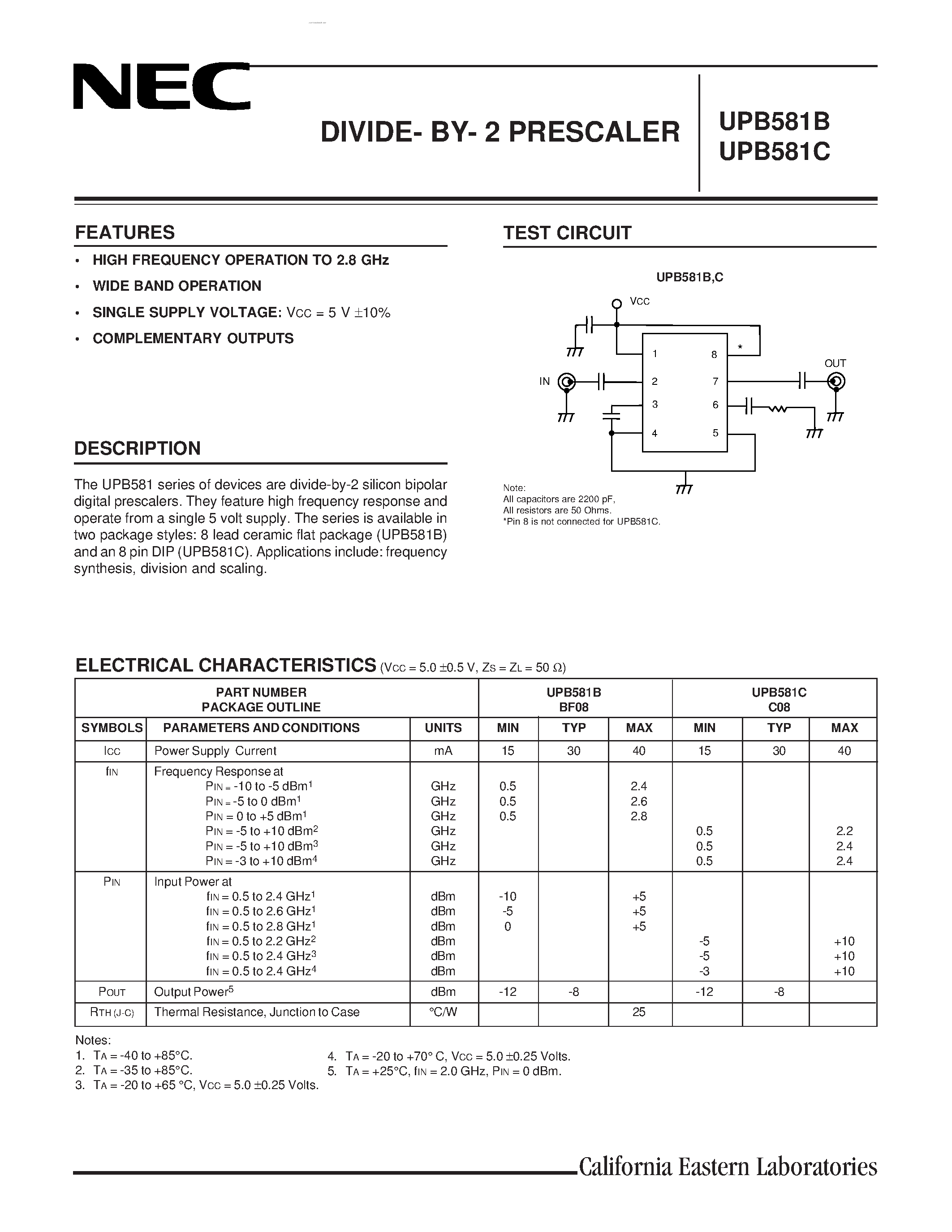 Datasheet UPB581B page 1 Datasheet UPB581B - (UPB581B / UPB581C) DIVIDE- BY- 2 PRESCALER page 1