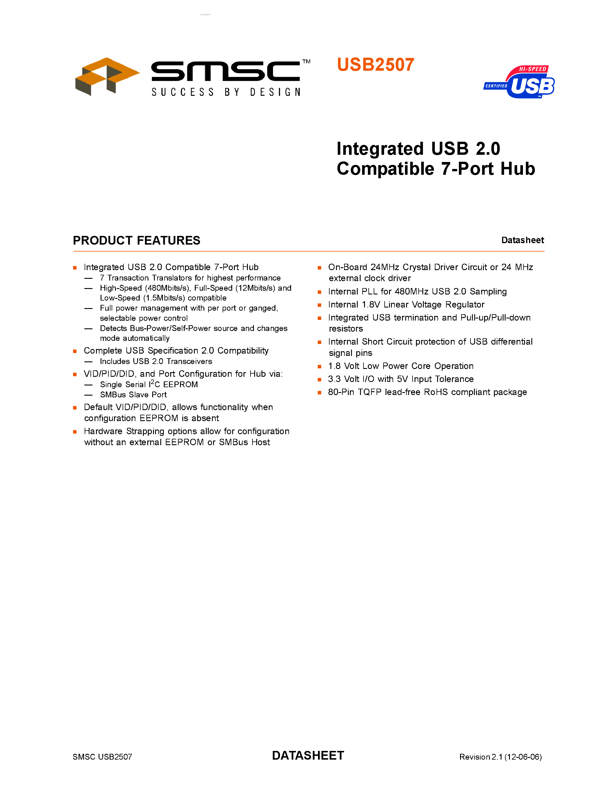 Datasheet USB2507 - Integrated USB 2.0 Compatible 7-Port Hub page 1