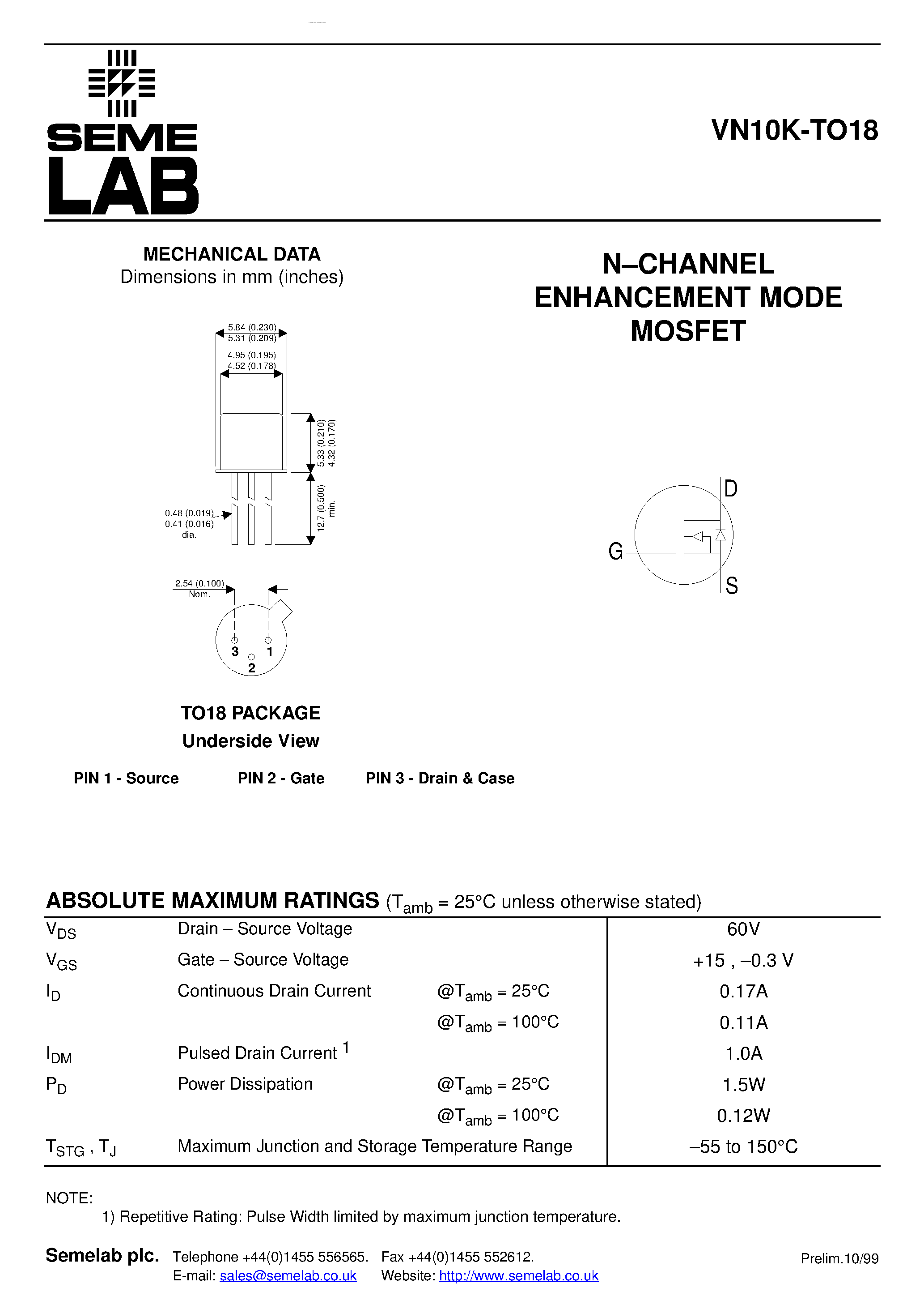 Datasheet VN10K-TO18 - N-CHANNEL ENHANCEMENT MODE MOSFET page 1